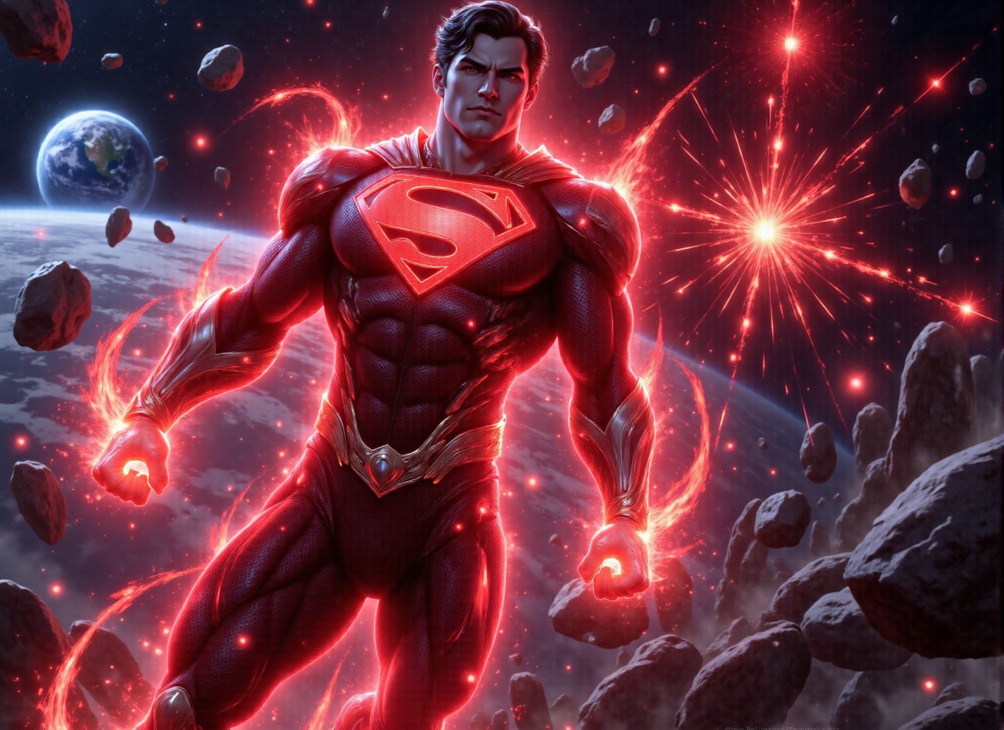 ((Photorealistic scene of red lantern superman in suit flying at super speed through meteor debris and space dust,  intric...