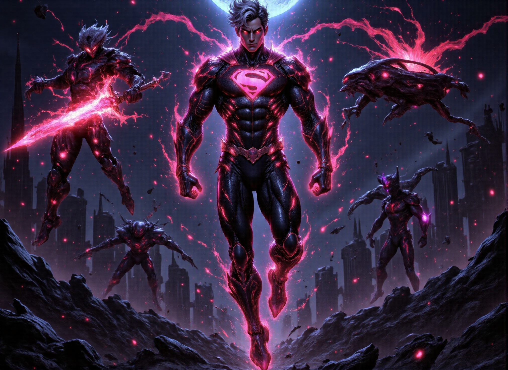 ((( Photorealistic scene of red lantern superman in suit delivering a super powerful forward punch to an alien flying towa...
