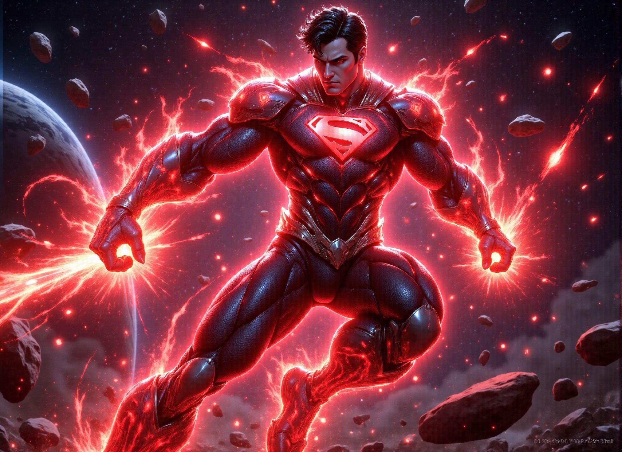 ((Photorealistic scene of red lantern superman in suit flying at super speed through meteor debris and space dust,  intric...