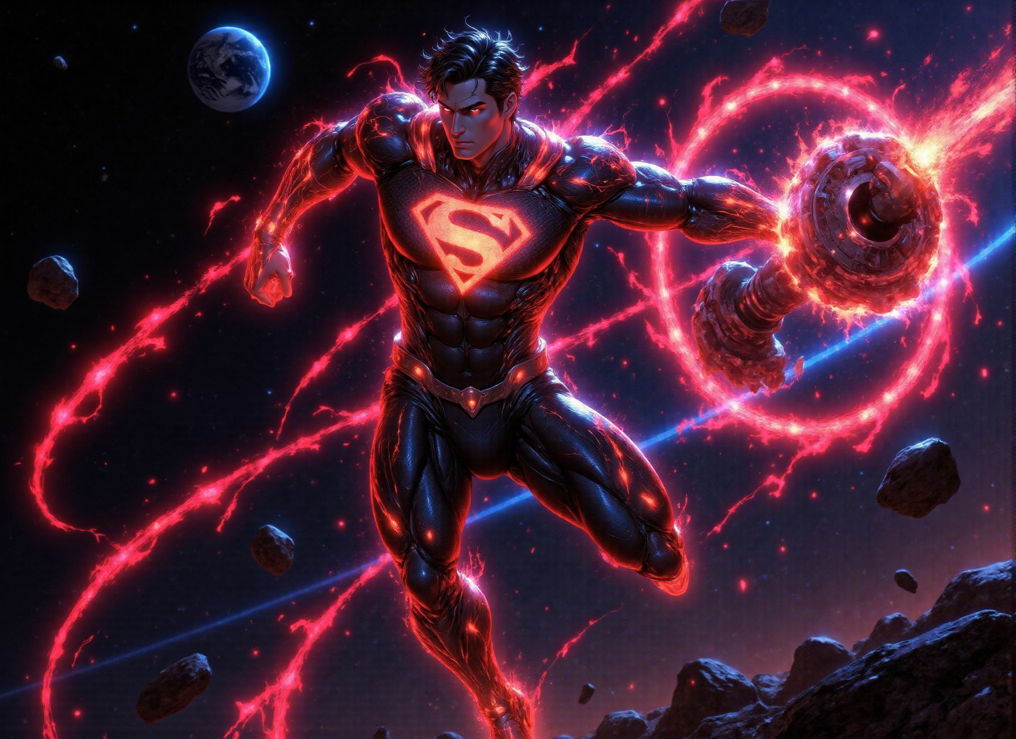 ((Photorealistic scene of red lantern superman in suit flying at super speed through meteor debris and space dust,  intric...