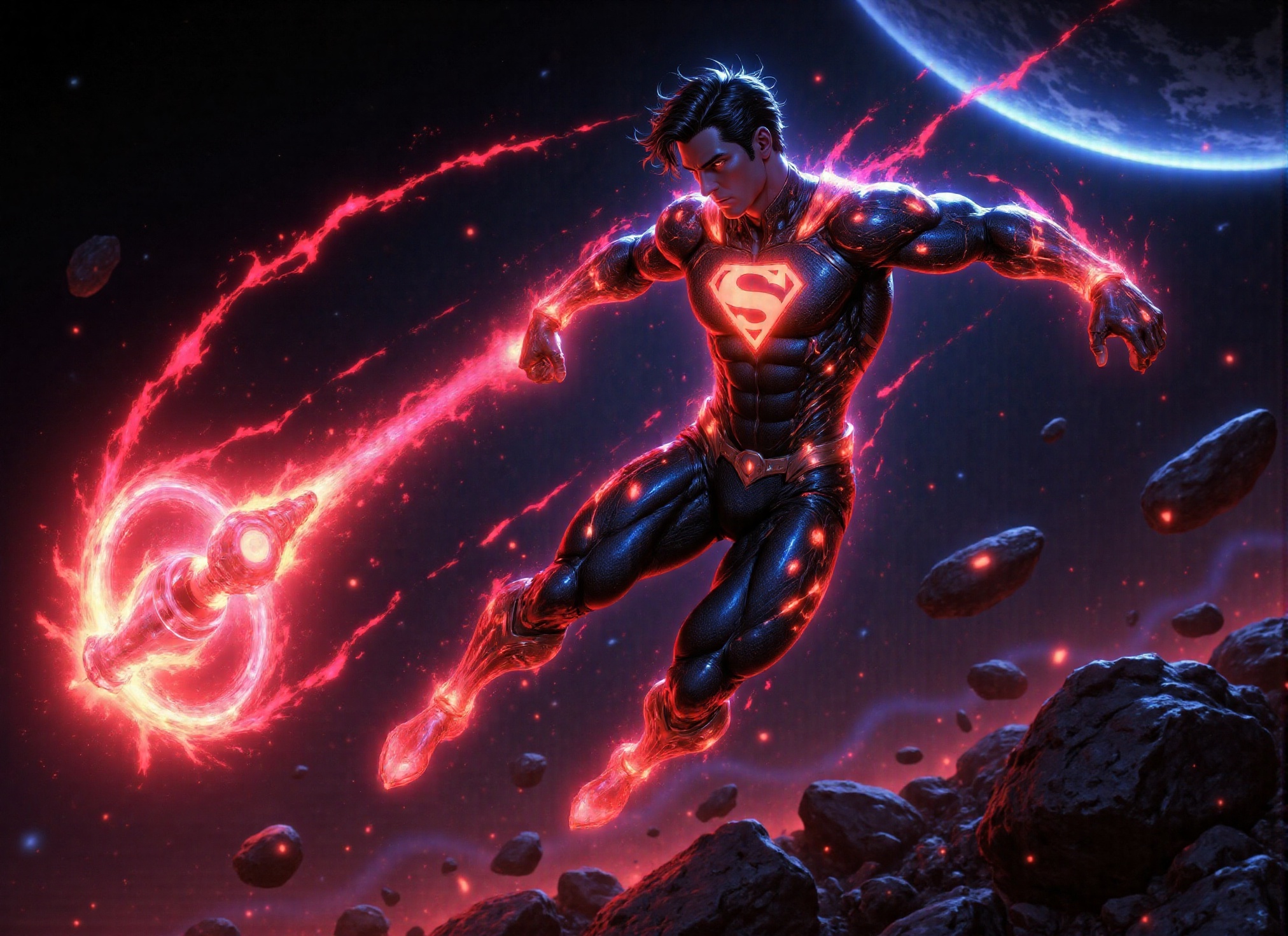 ((Photorealistic scene of red lantern superman in suit flying at super speed through meteor debris and space dust,  intric...