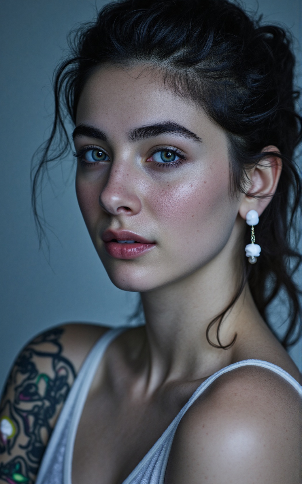upper body,  an pale albino beautiful lady with white glowing neon tattoo,  bright lighting on Tensor.Art