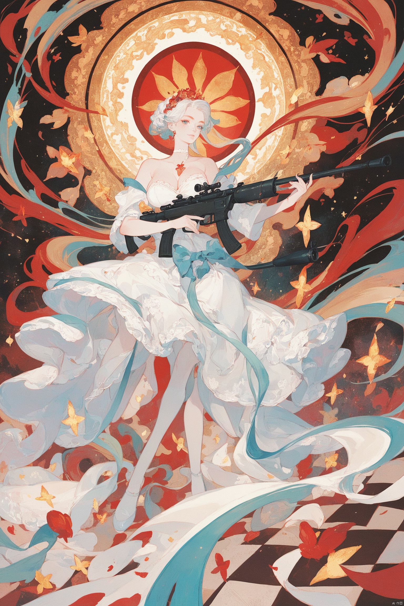 score_9,score_8_up,score_7_up,score_6_up,Busty anime character in a white bridal gown with lace and floral details, holding sniper rifles with scopes, floating against a checkered background with sparks, conveying a mix of elegance and power, with a dramatic and intense atmosphere, rendered in a detailed and vibrant art style.
