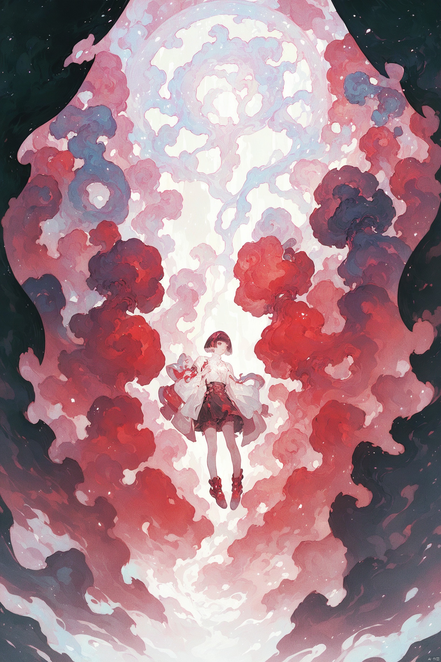 score_9,score_8_up,score_7_up,score_6_up,Short dark hair, bob cut, anime style, black and white outfit, red accents, futuristic accessories, calm expression, mysterious vibe, soft lighting, ethereal background.