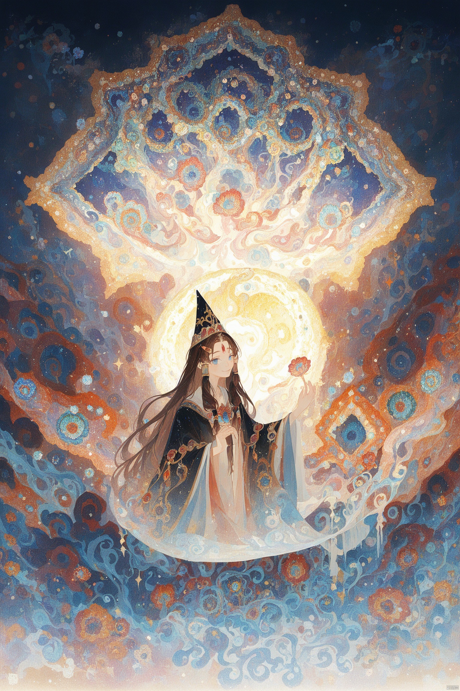 score_9,score_8_up,score_7_up,score_6_up,yoneyama mai,1girl, bangs, shirt, blue eyes, brown hair, hair_ornament, hairclip, long_hair, dark blue pupils, wizard hat, robe, soul in hands, spelling, dark room, light particles, depth of field, soft lighting,Digital art,Official art,8k wallpaper,super detailed,beautiful and beautiful,masterpiece,best quality,(fractal art:1.3),lines,illustration,very detailed,bright colors,romanticism,dark background,A girl, beautiful portrait, long hair, hair accessories composed of jewels and carnelian hanging on both sides of the hair, small flowers of various colors dotted in the middle, deep-set eyes, forehead jewels, hair tubes hanging on both sides, absolutely long hair, hair tubes, slight freckles, sunlight on the face, an infectious smile, elaborate attire with traditional patterns, exquisite digital art illustration, fractal art, dynamic composition.A beautiful portrait of a young girl with long, lustrous hair. Her hair is adorned with jewelry and agate, with decorative elements hanging on either side, interspersed with small flowers of various colors in the middle, giving a richly ornamental feel. Her deep, expressive eyes are captivating, and her forehead is embellished with jewels. Hair tubes cascade down both sides, and her long locks are emphasized. Subtle freckles dot her skin, adding character to her sun-kissed face. Her infectious smile is full of vitality, and she is dressed in elaborate attire that features traditional patterns. The artwork is a fine digital illustration with fractal art elements, composed dynamically to draw the viewer in.,