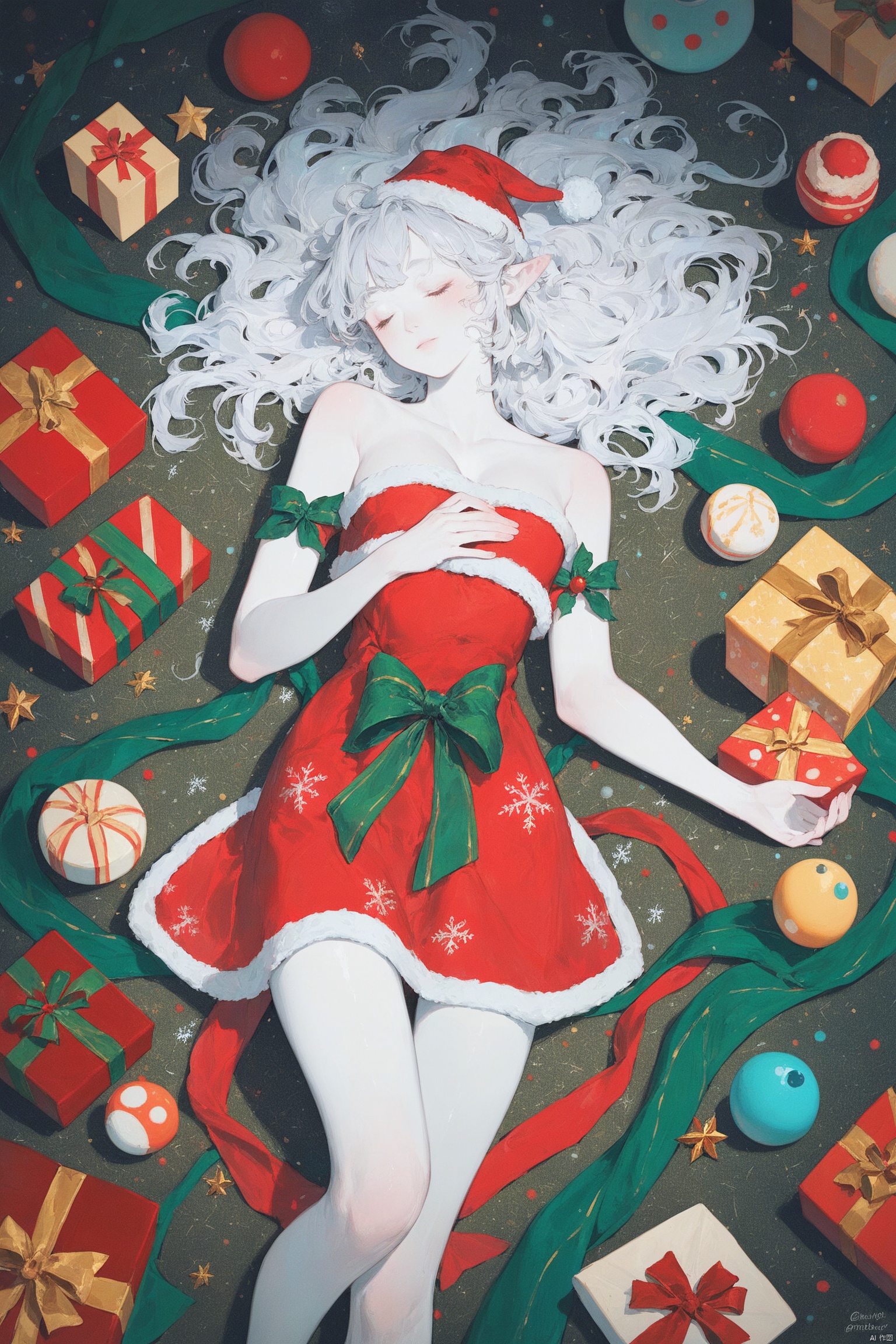 score_9,score_8_up,score_7_up,score_6_up,fractal art,a robot girl wearing Christmas clothes is lying on a soft bed,surrounded by colorful Christmas gift boxes arranged in fractal art.white skin,white long messy hair,close eyes sleeping,The dynamic and artistic composition creates a beautiful and childlike atmosphere,creating a Christmas atmosphere,