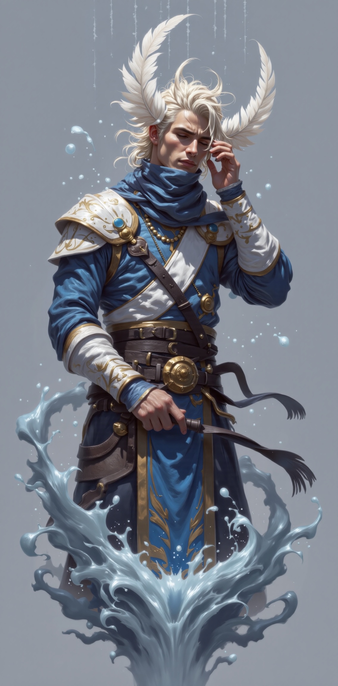 a cartoon depiction of a warrior is depicted. The warrior is dressed in a blue and white outfit,  adorned with a black bel...