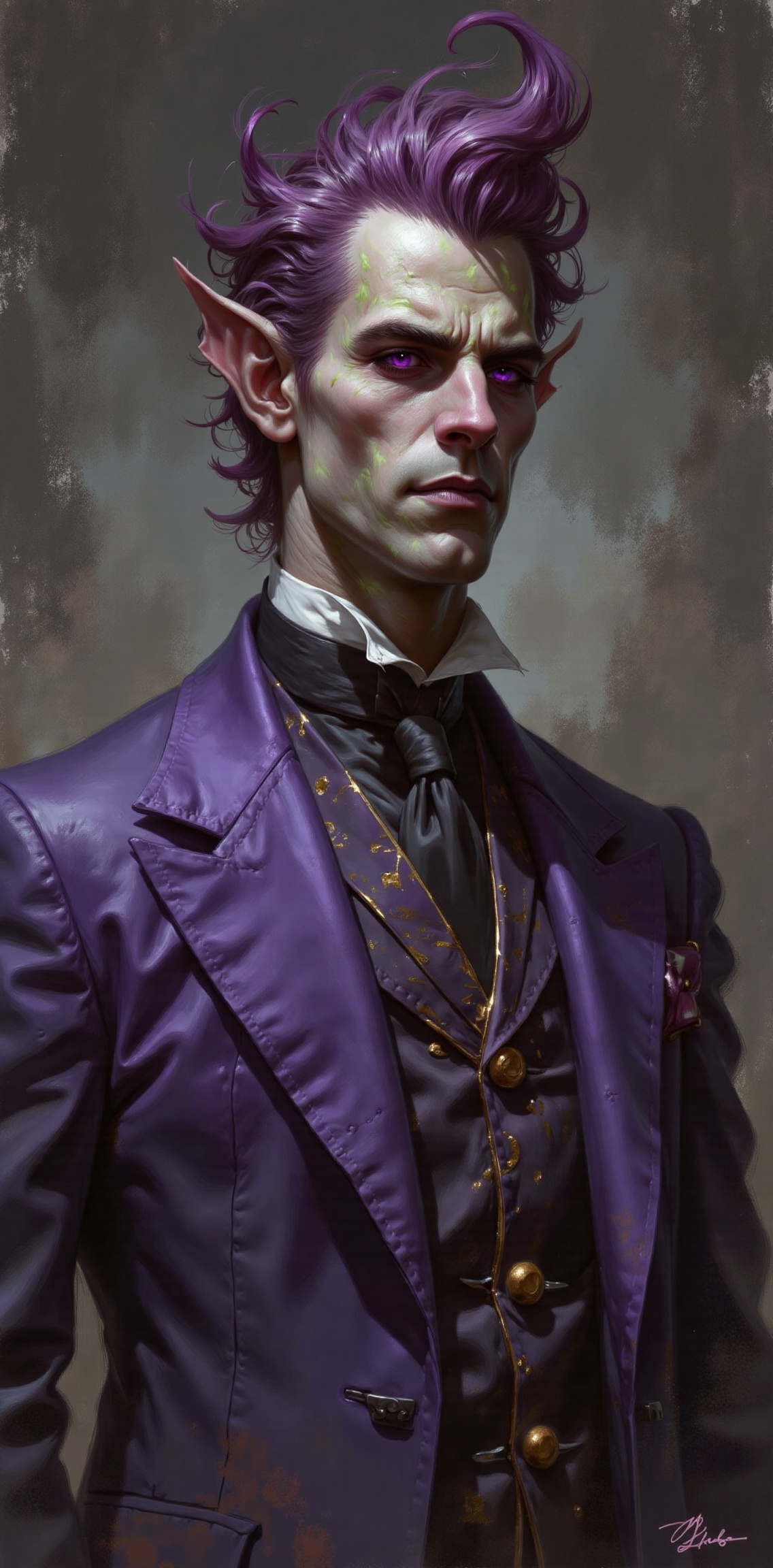 a portrait of a demon-like creature,  adorned with a purple jacket and a black tie. The creature's face is adorned with pu...