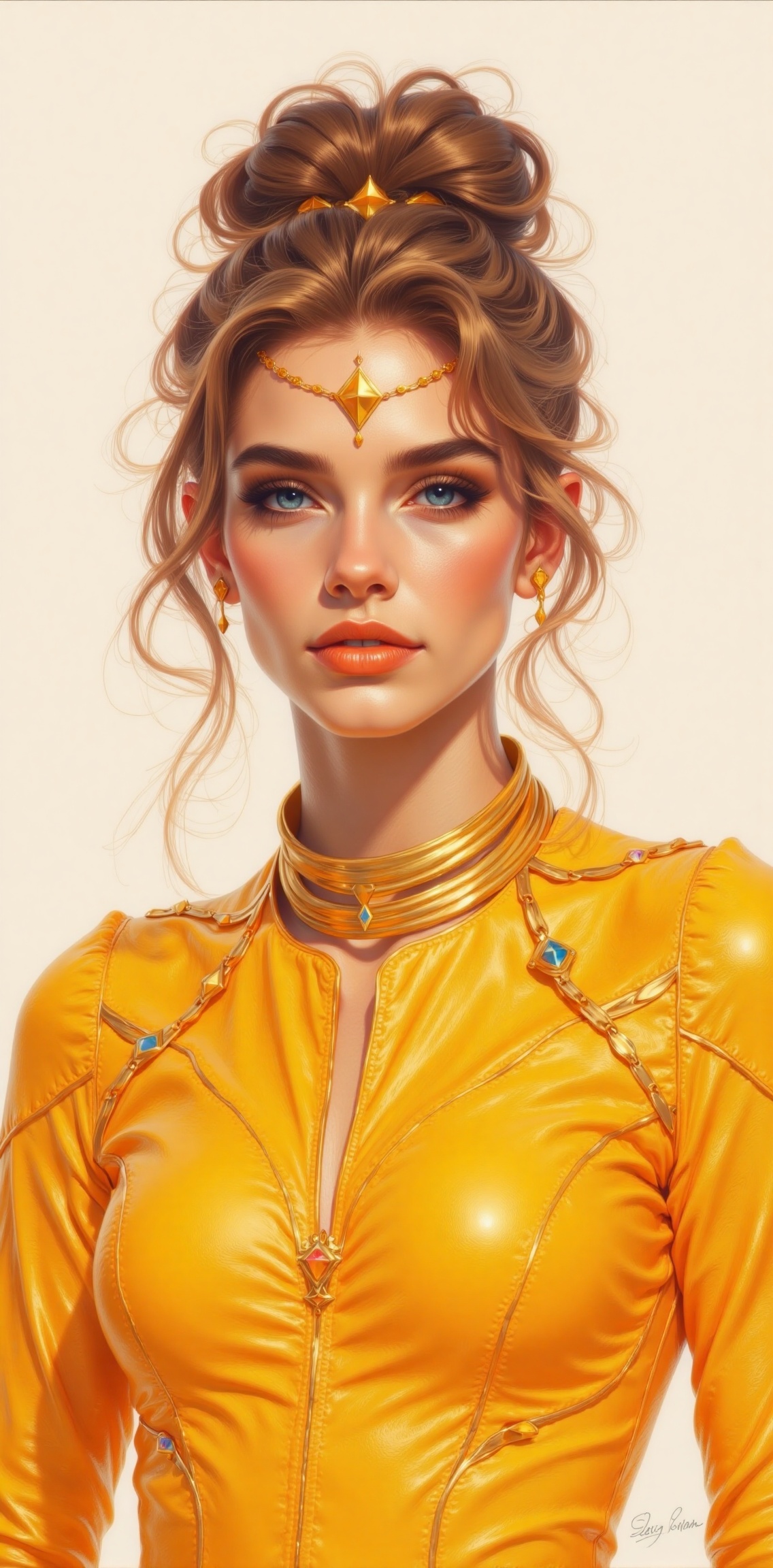 An eye-level painting of a woman with long brown hair and a gold necklace around her neck. The woman's head is adorned wit...