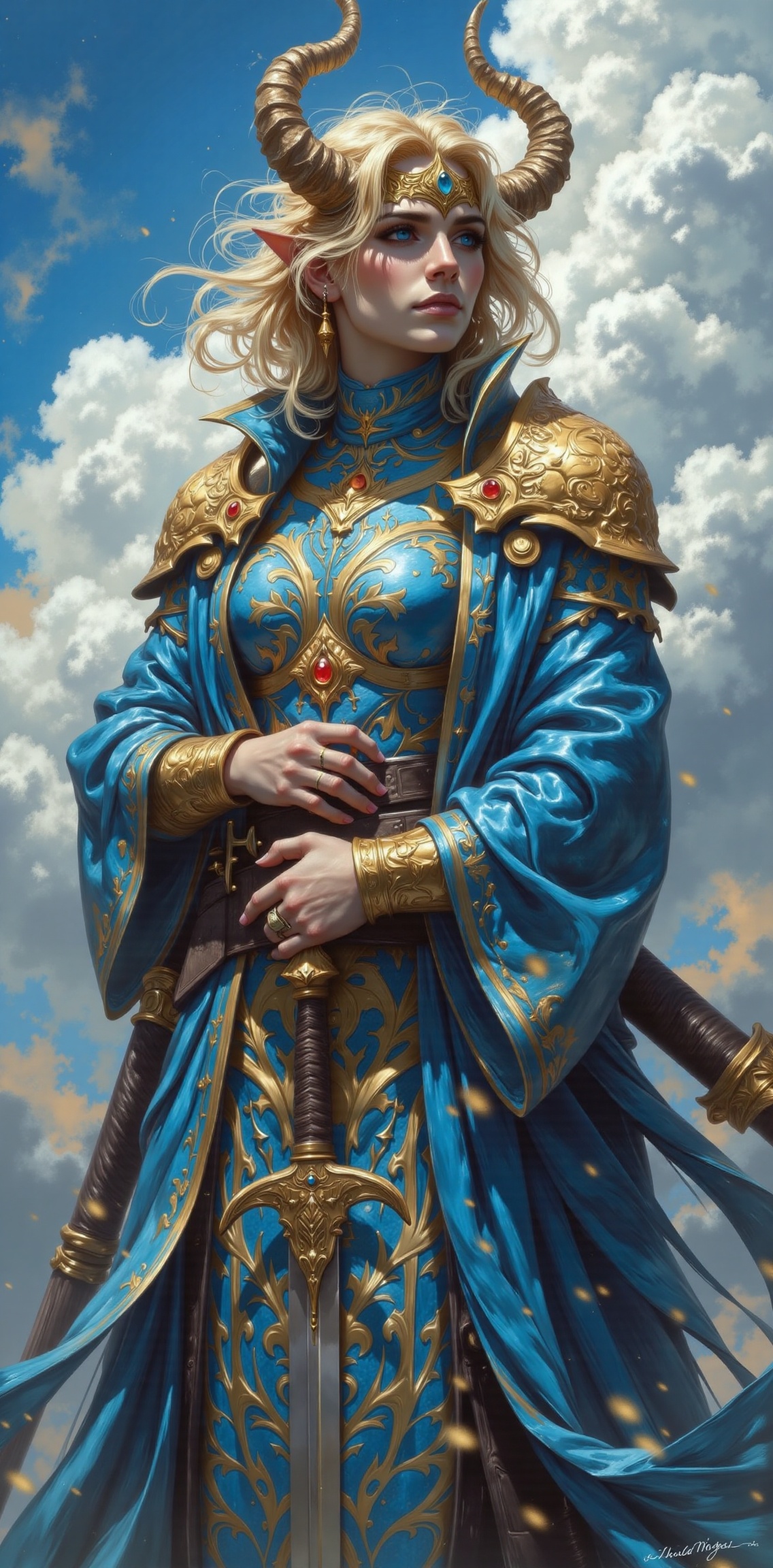 a vibrant painting of a white female warrior,  dressed in a blue coat,  adorned with gold accents. Her coat is draped in a...