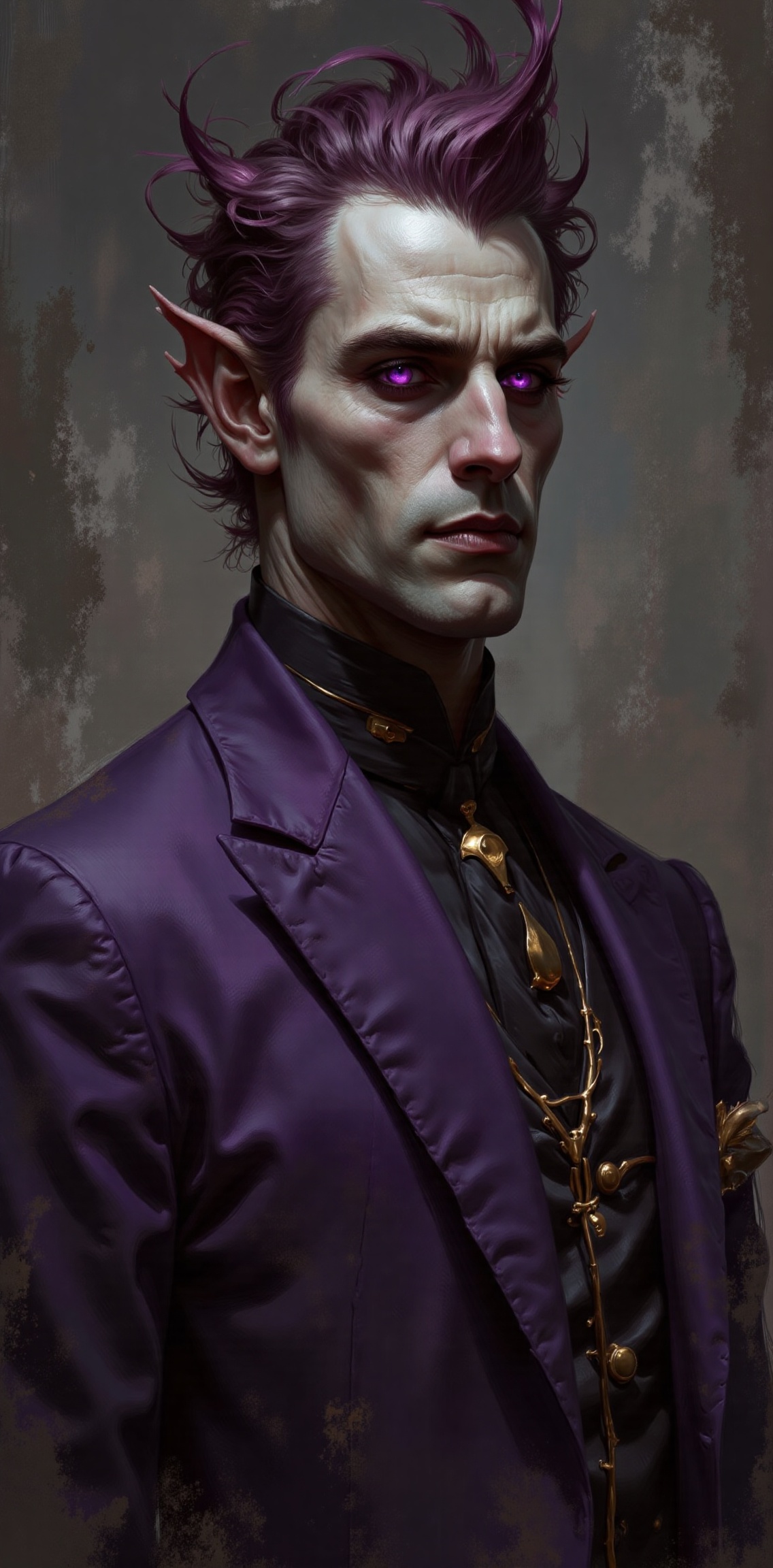 a portrait of a demon-like creature,  adorned with a purple jacket and a black tie. The creature's face is adorned with pu...