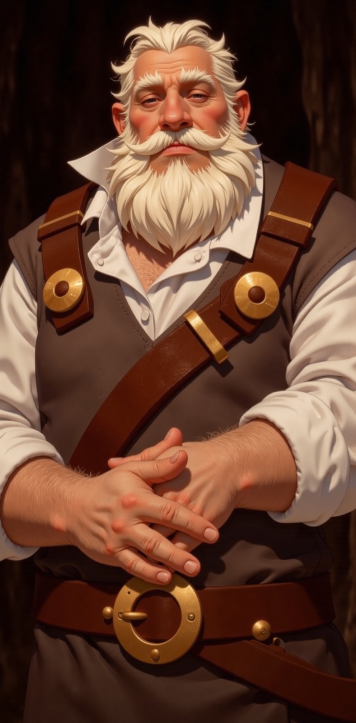 a close-up shot of a cartoon character with a white beard and mustache. The character is dressed in a white long-sleeved s...