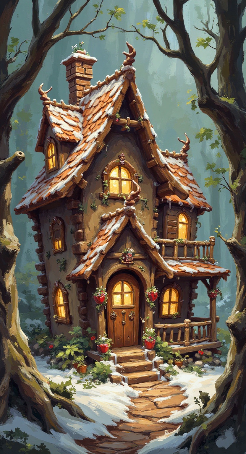 oil painting house Gingerbread house made of gingerbread,  chocolate and sugar icing,  glowing windows on Tensor.Art