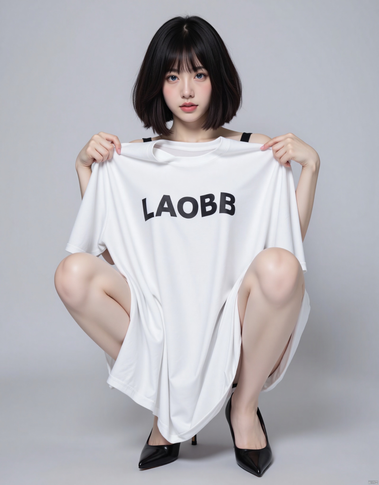 1 Girl, solo, black hair, holding, whole body, blue eyes, shoes, nail polish, black shoes, high-heeled shoes, lips, squatting, covering, lifelike, holding a white T-shirt to cover, with the words LAOBB written on it