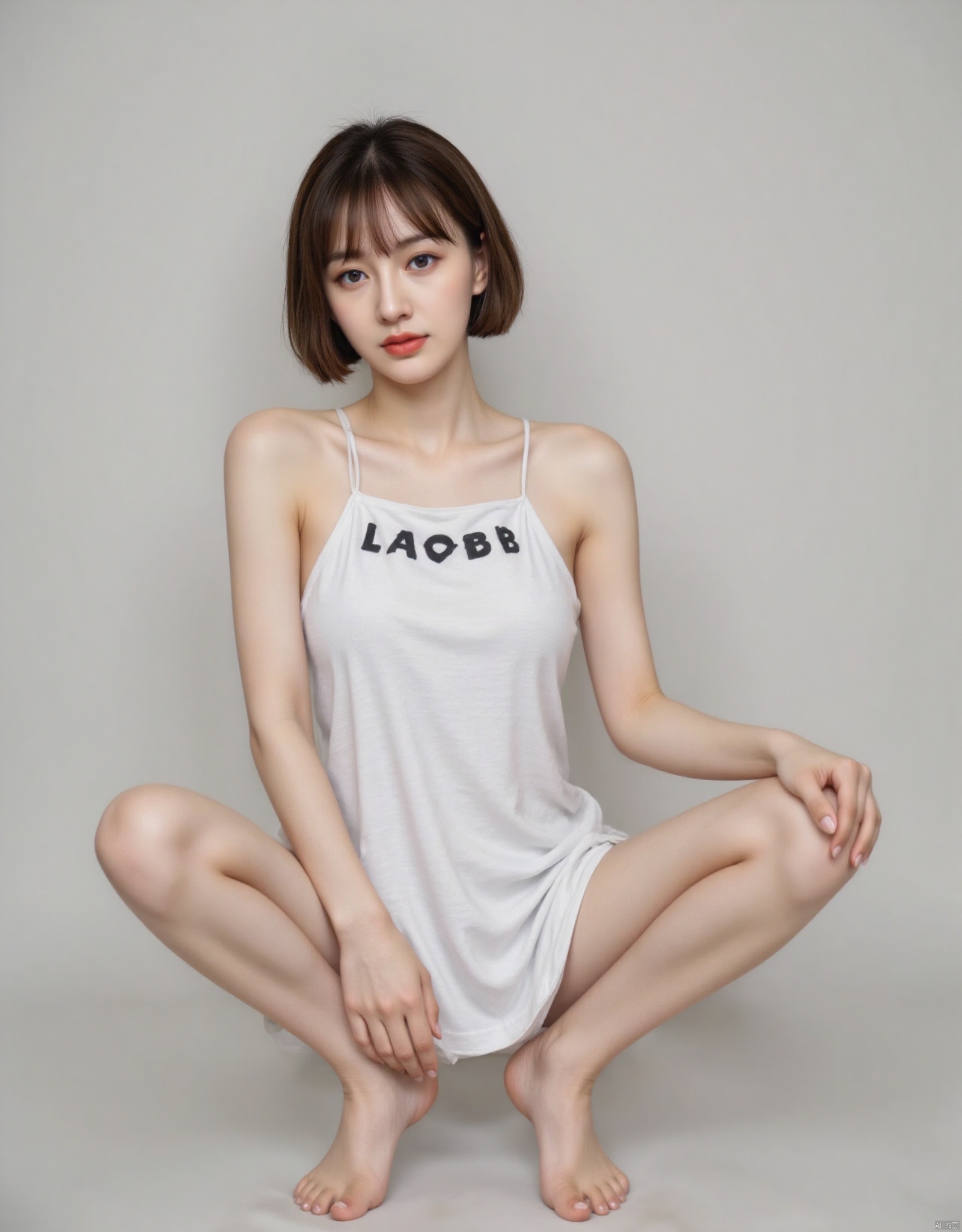 A woman with short brown hair, blue eyes looking ahead, squatting barefoot, holding a T-shirt to cover her fair skin. The T-shirt had the words LAOBB written on it, but only covered her chest and abdomen, revealing her shoulders and collarbones. Her bare shoulders were strapless, and her slender legs were mostly exposed