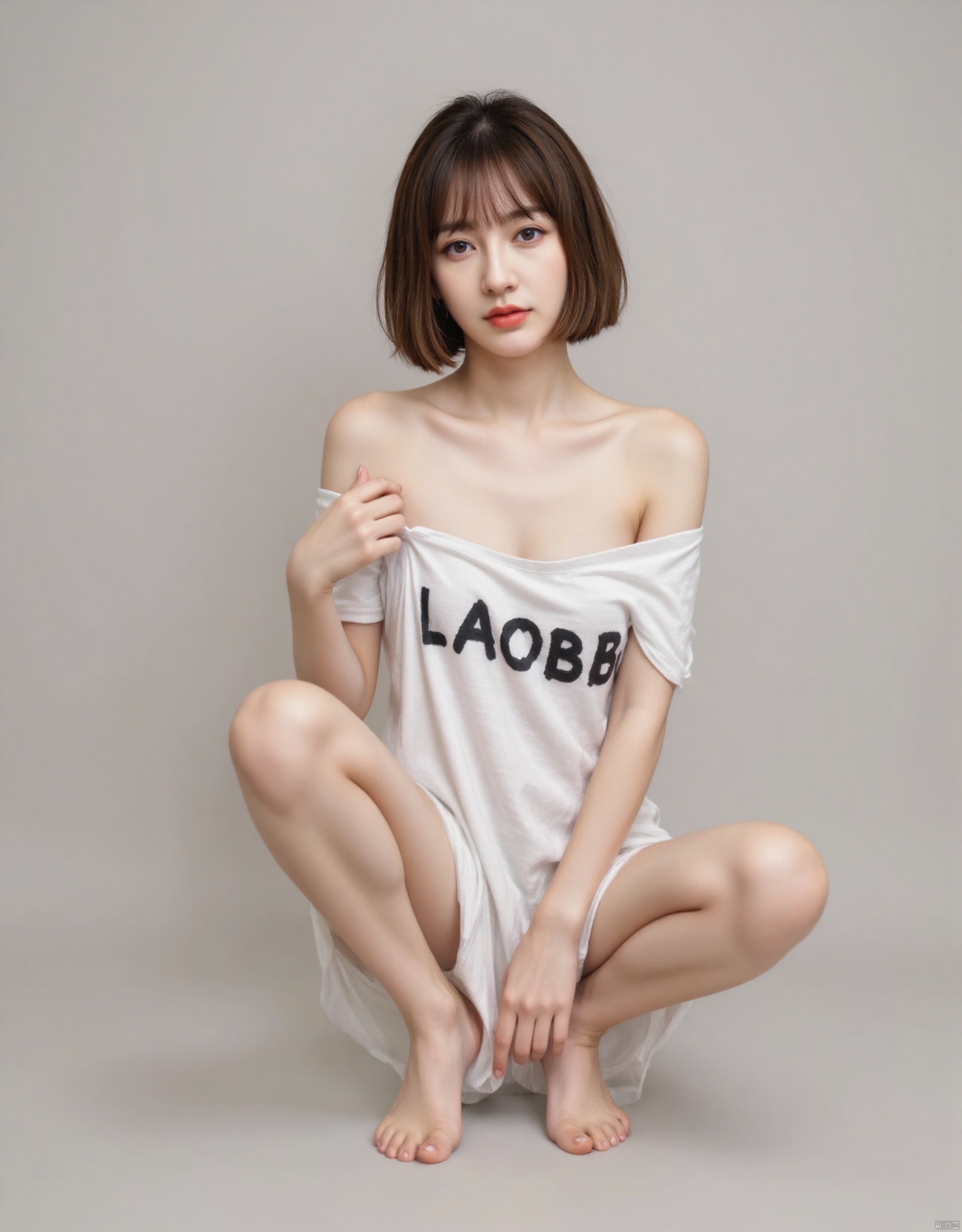 A woman with short brown hair, blue eyes looking ahead, squatting barefoot, holding a T-shirt to cover her fair skin. The T-shirt had the words LAOBB written on it, but only covered her chest and abdomen, revealing her shoulders and collarbones. She had bare shoulders and no shoulder straps, and slender legs