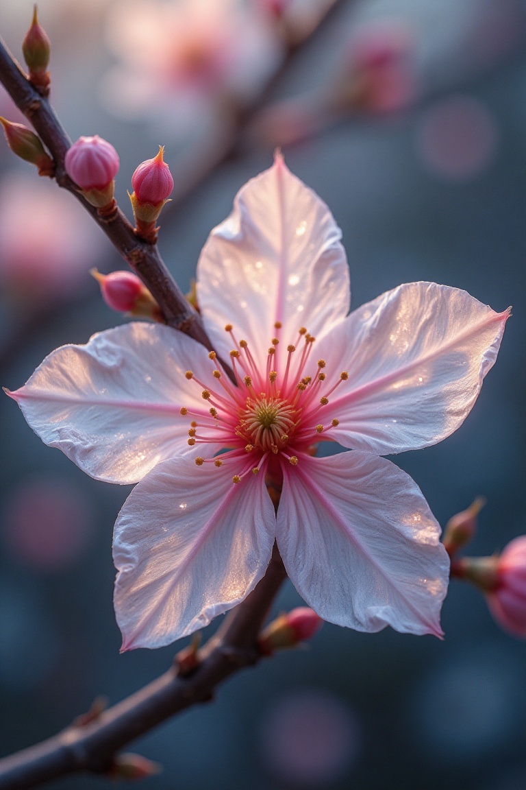 Micro photography capturing a crystal spring blossom with white sakura petals,  set in a dreamy,  fantasy galaxy. The blos...