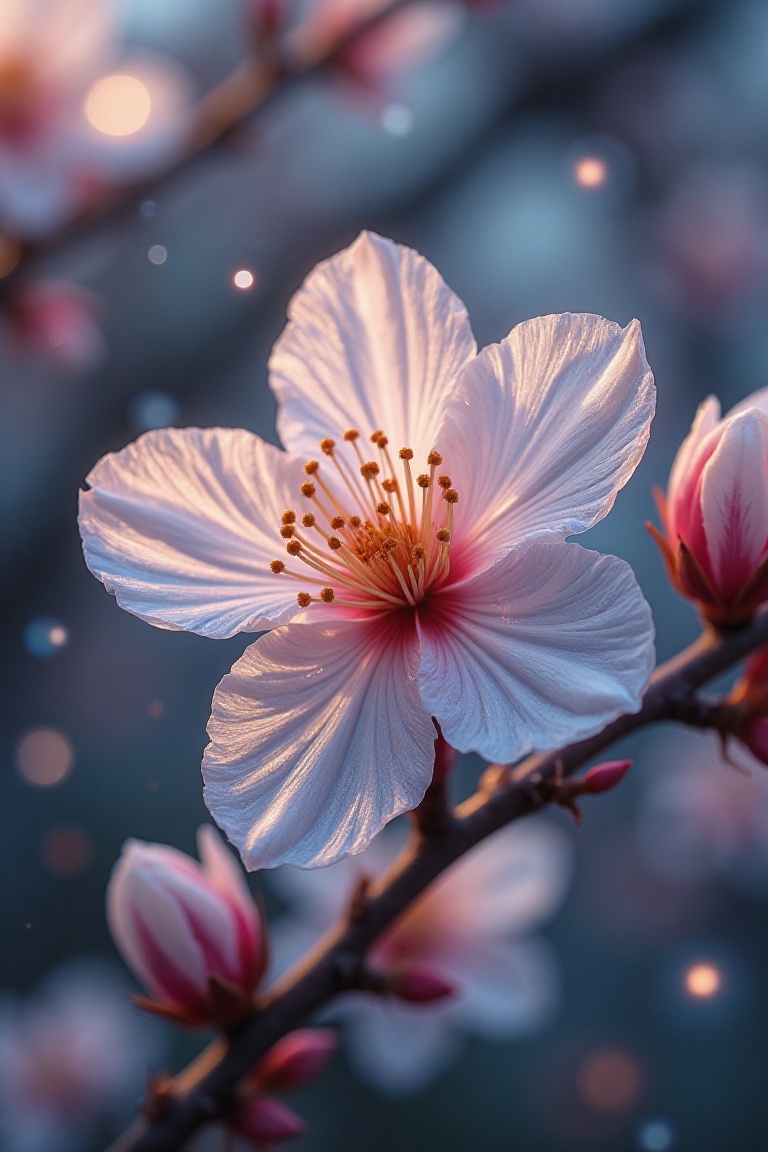 Micro photography capturing a crystal spring blossom with white sakura petals,  set in a dreamy,  fantasy galaxy. The blos...