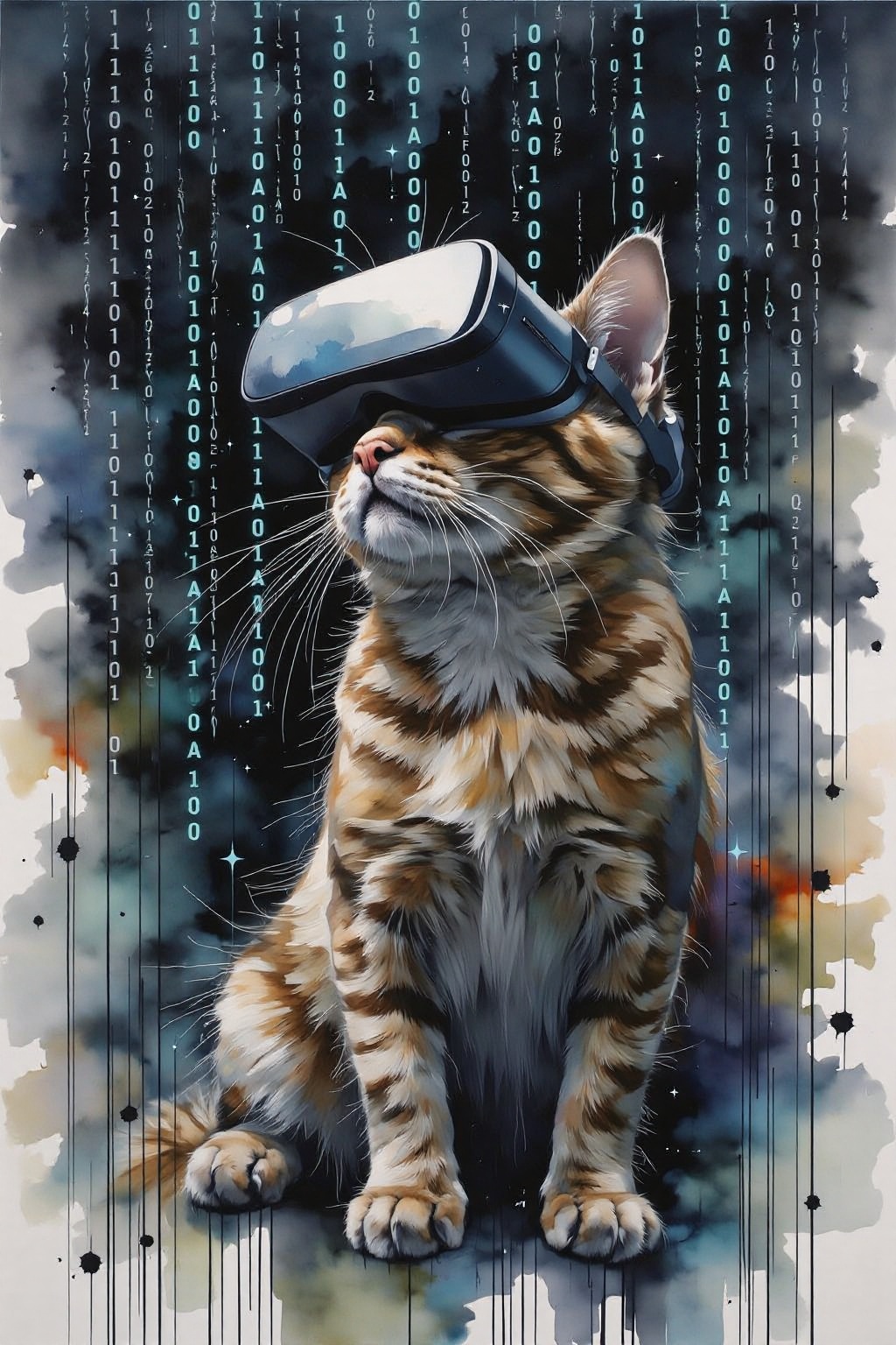 yawc1 watercolor. A matrix code waterfall is filling the screen,  double exposure with A cat playing game,  wearing a VR H...
