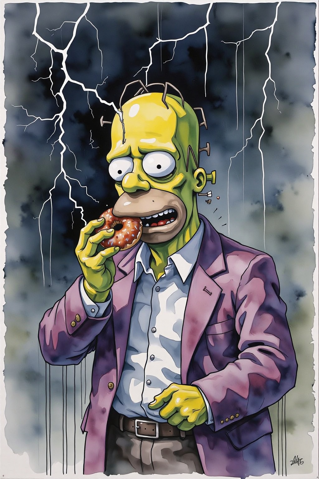 yawc1 watercolor. Homer Simpson dressed as Frankenstein,  eating a doughnut during a thunderstorm on Tensor.Art