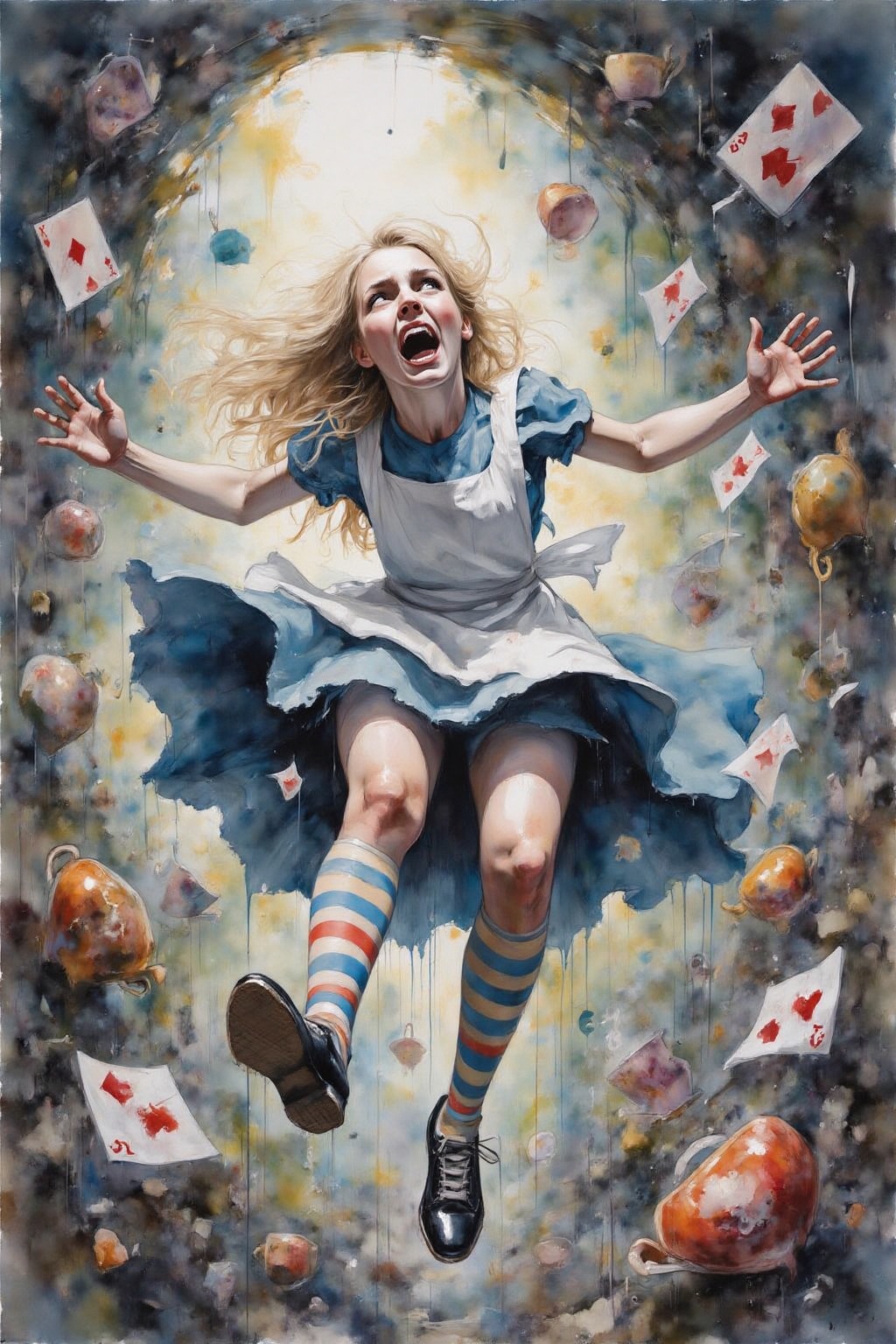 yawc1 watercolor. Overhead view of Alice in Wonderland falling into the rabbit hole,  with her legs dangling beneath her....