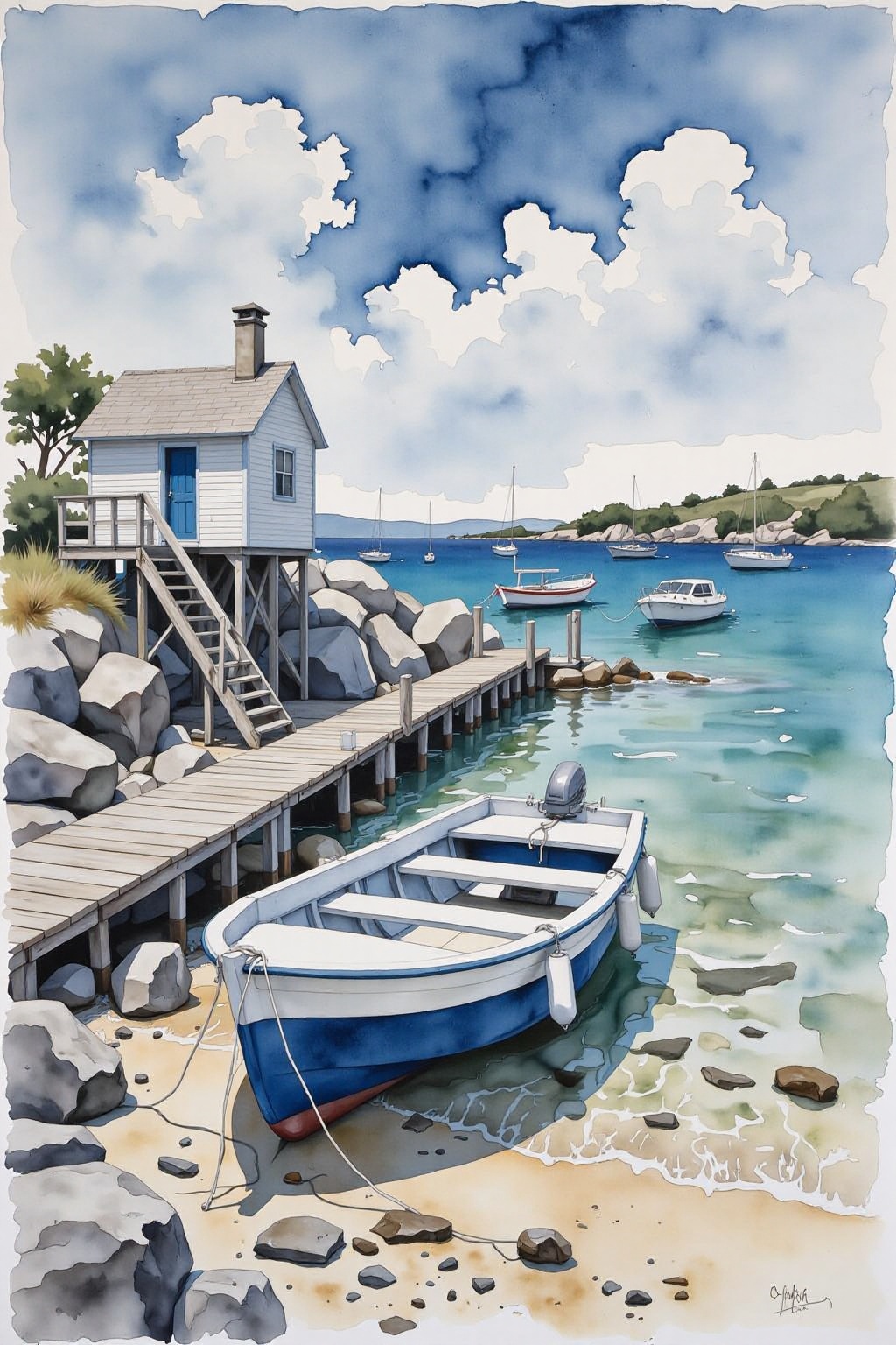 yawc1 watercolor. A watercolor painting of a small boat on a beach. The boat is blue and white in color and is anchored at...