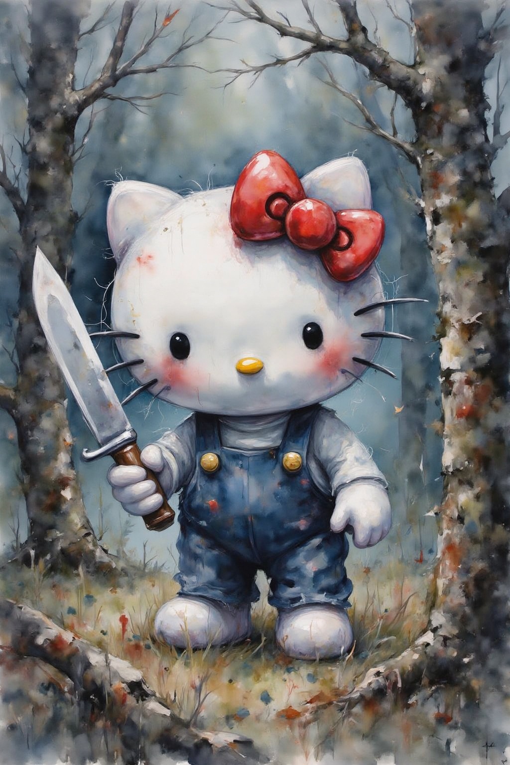 yawc1 watercolor. Hello Kitty in the middle of the forest holding a knife,  the atmosphere and the character looks scary,...