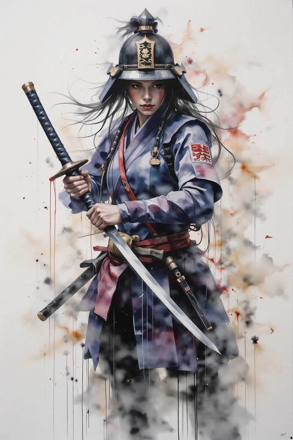 yawc1 watercolor. a dipiction of a female Japanese samurai warrior wielding a katana,  blending form with reality. Glitchi...