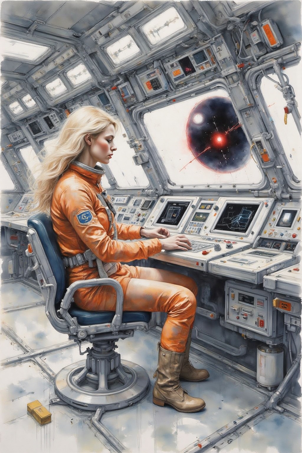 yawc1 watercolor. Overhead sideview of a blonde woman dressed in a orange spacesuit and heavy boots,  is carefully re-enac...