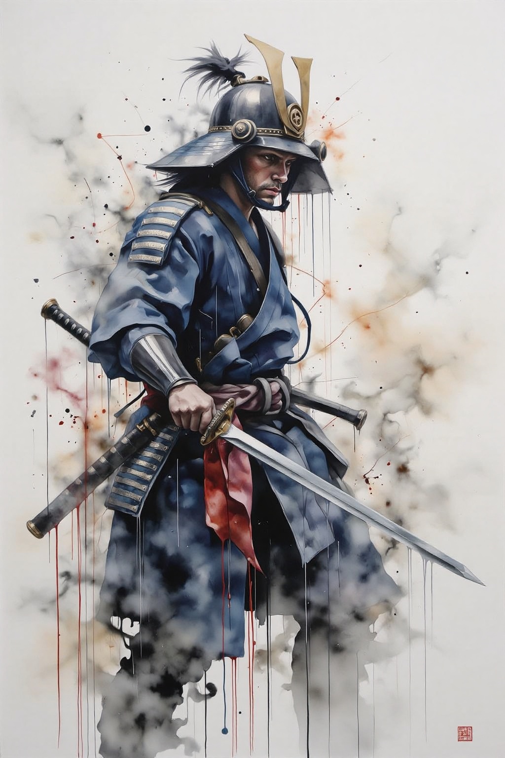 yawc1 watercolor. a dipiction of a Japanese samurai warrior wielding a katana,  blending form with reality. Glitching the...