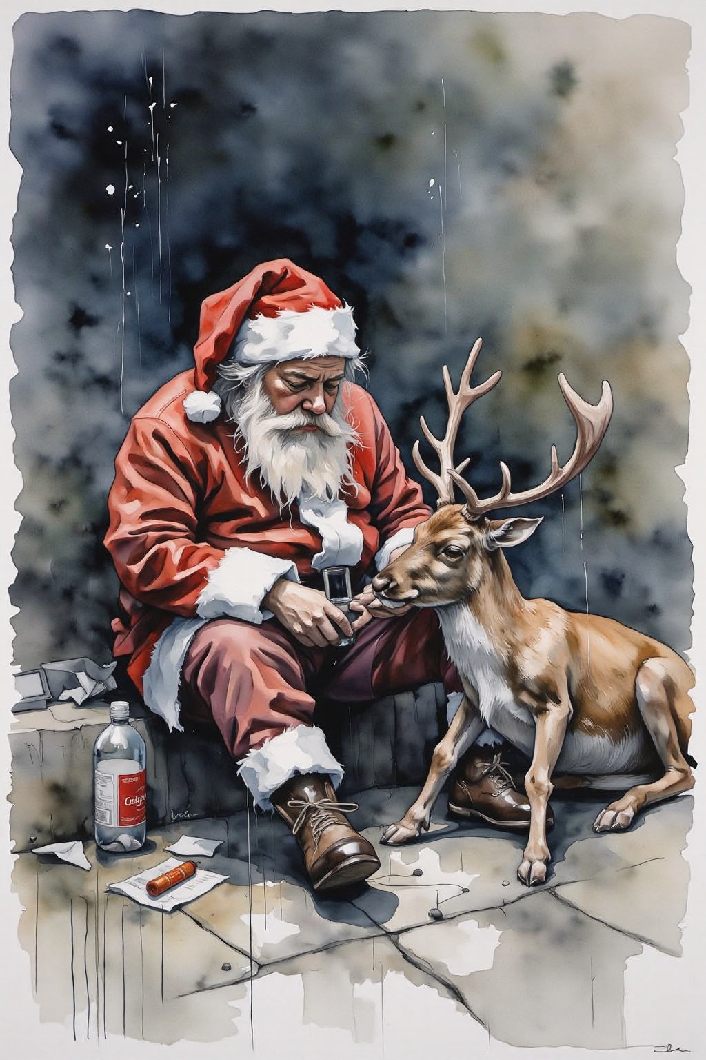 yawc1 watercolor. Homeless Drunk Santa Claus sleeping rough on the street with Rudolph the red-nosed reindeer on Tensor.Art