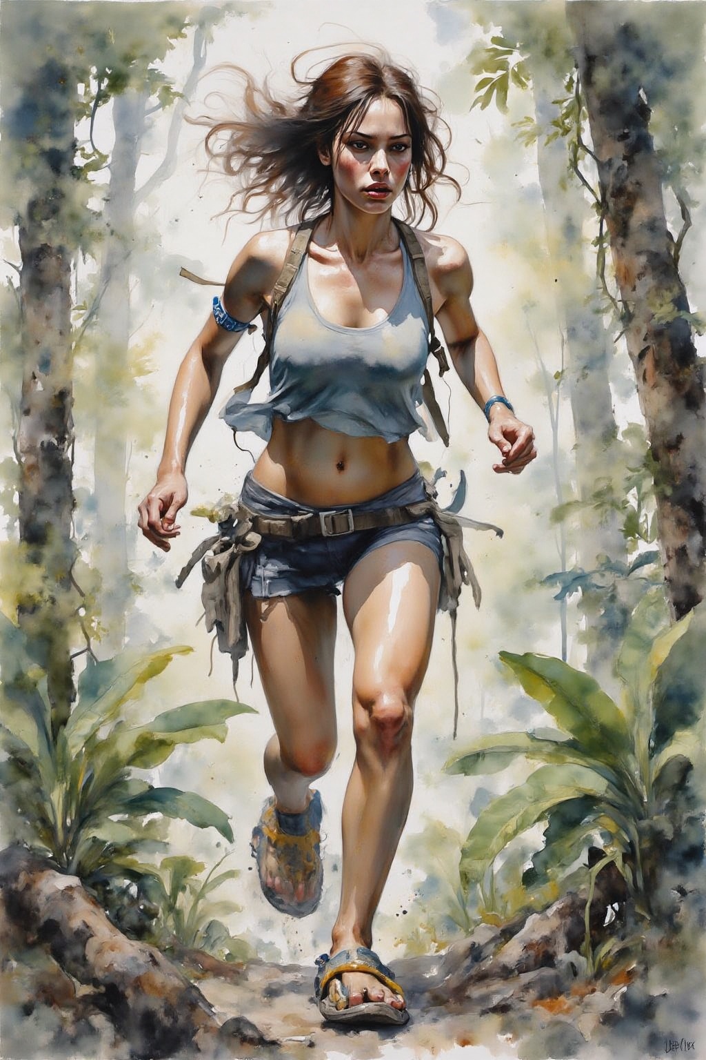 yawc1 watercolor. Lara Croft wearing a pair of slippers shaped like dinasours,  while running in a jungle. on Tensor.Art
