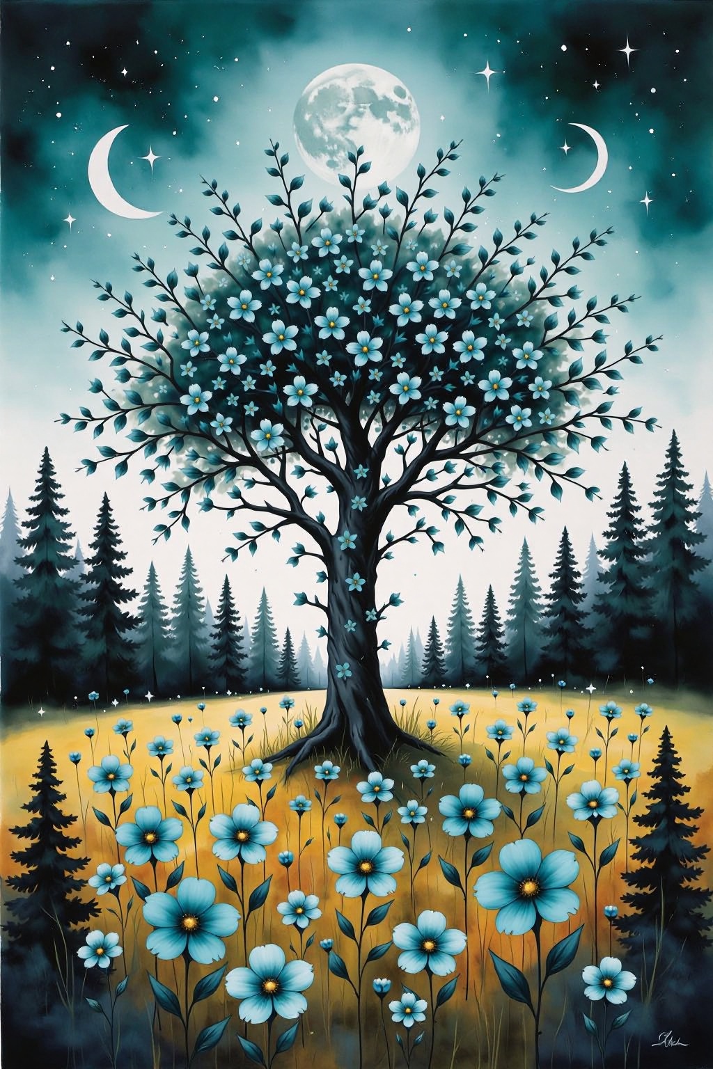 yawc1 watercolor. Full shot of a vibrant painting. A large central tree,  rendered in deep black,  is adorned with numerou...