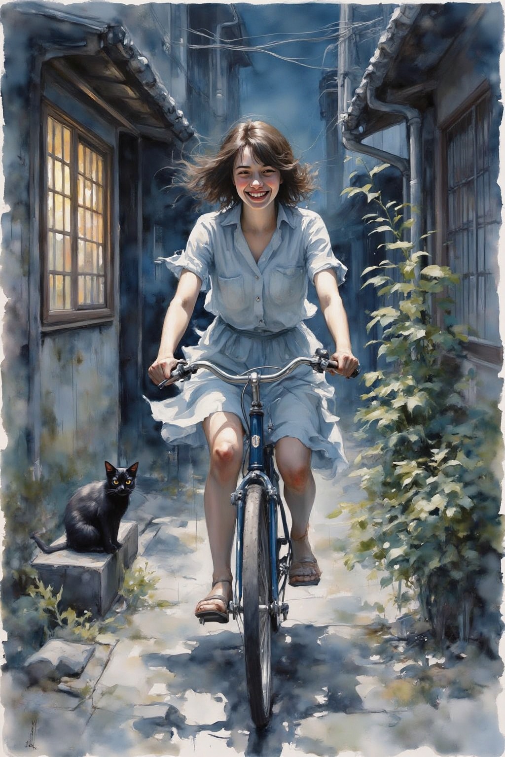 yawc1 watercolor. A Japanese school girl riding a old style bicycle through a narrow,  quiet street at night. The happy wo...