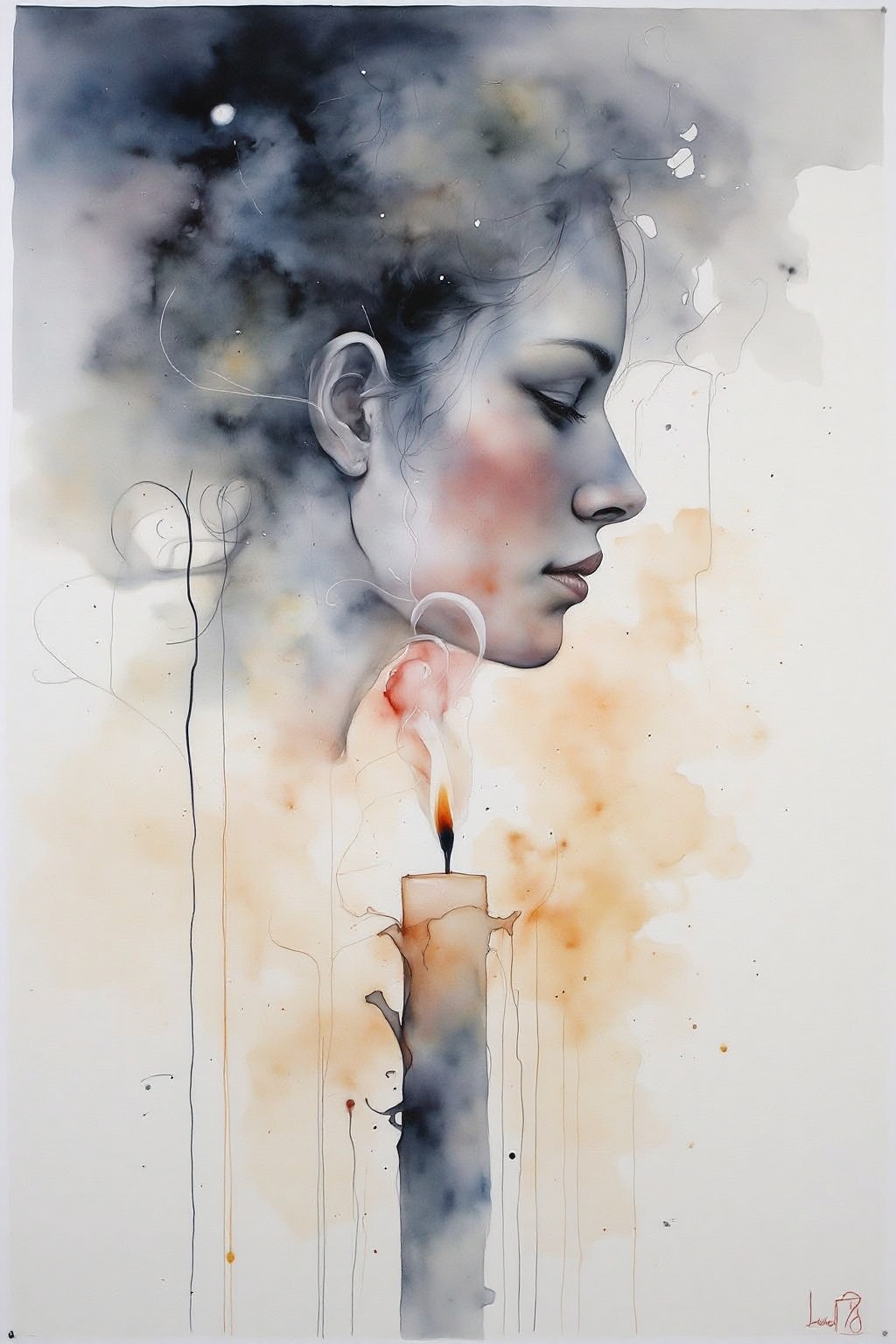 yawc1 watercolor. Wisps of smoke rising from a candle in the form of a woman's profile on Tensor.Art