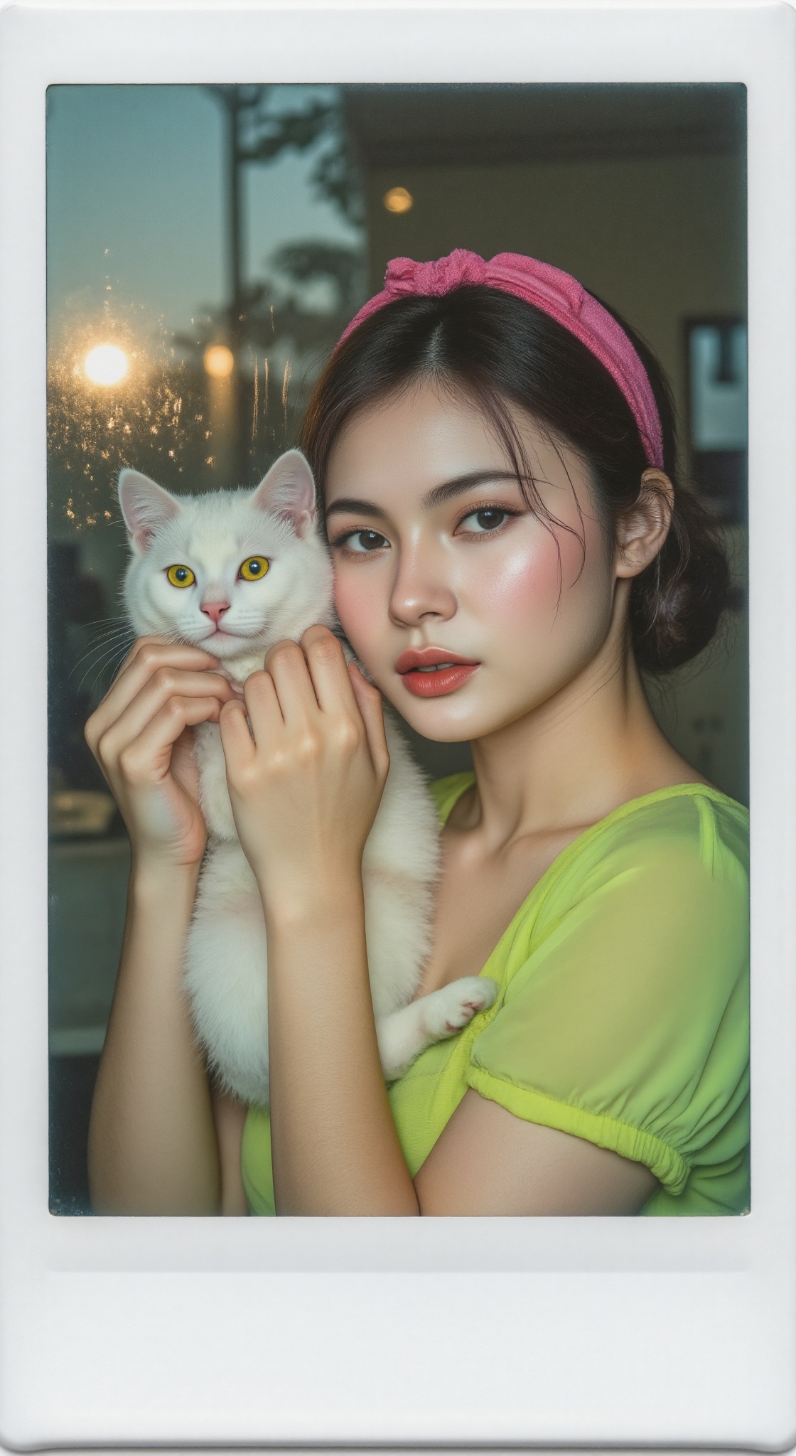 hyper-intimate cinematic Polaroid-style portrait,  white Polaroid paper frame with thick bottom border,  side view close-u...