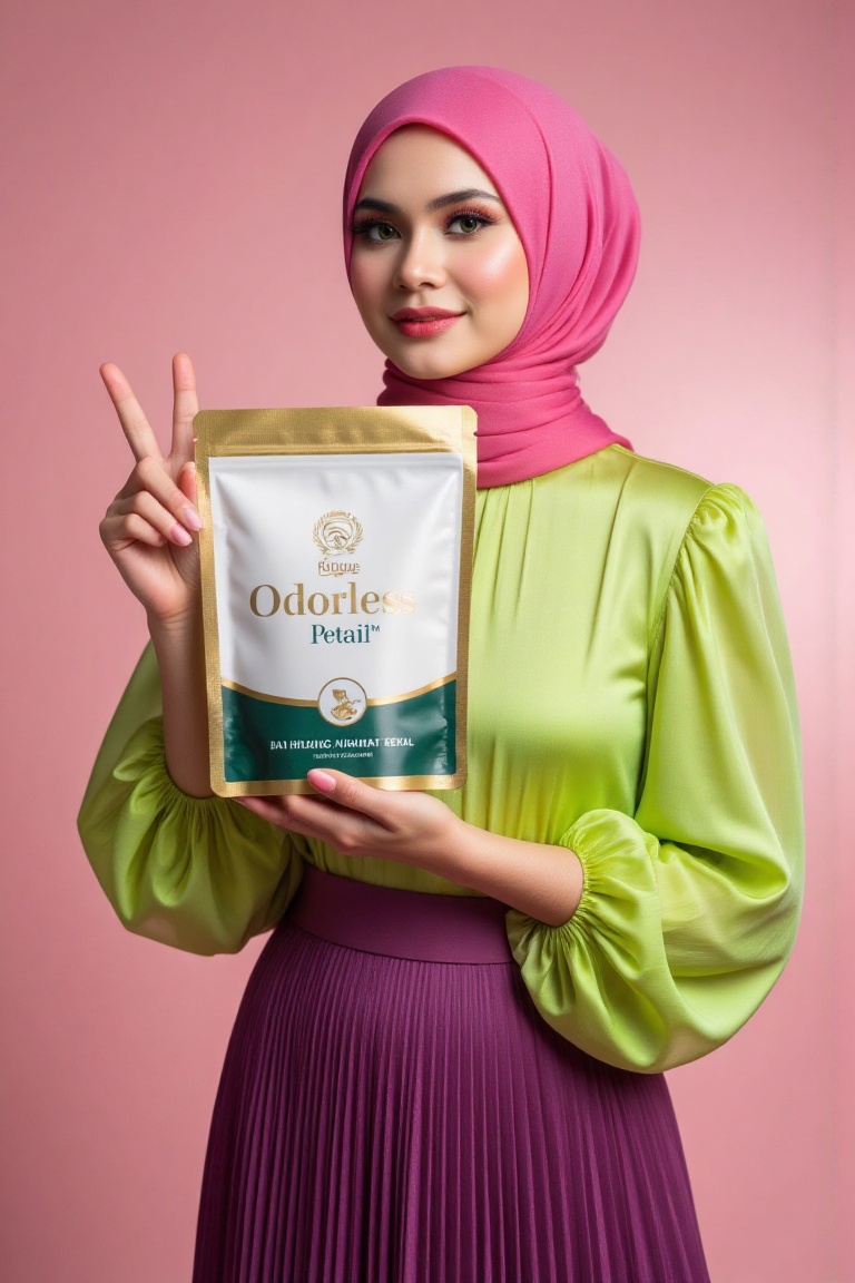 confident Malay woman stands full-body like a Vogue cover model. She wears a vibrant neon pink hijab (no visible hair),  a...