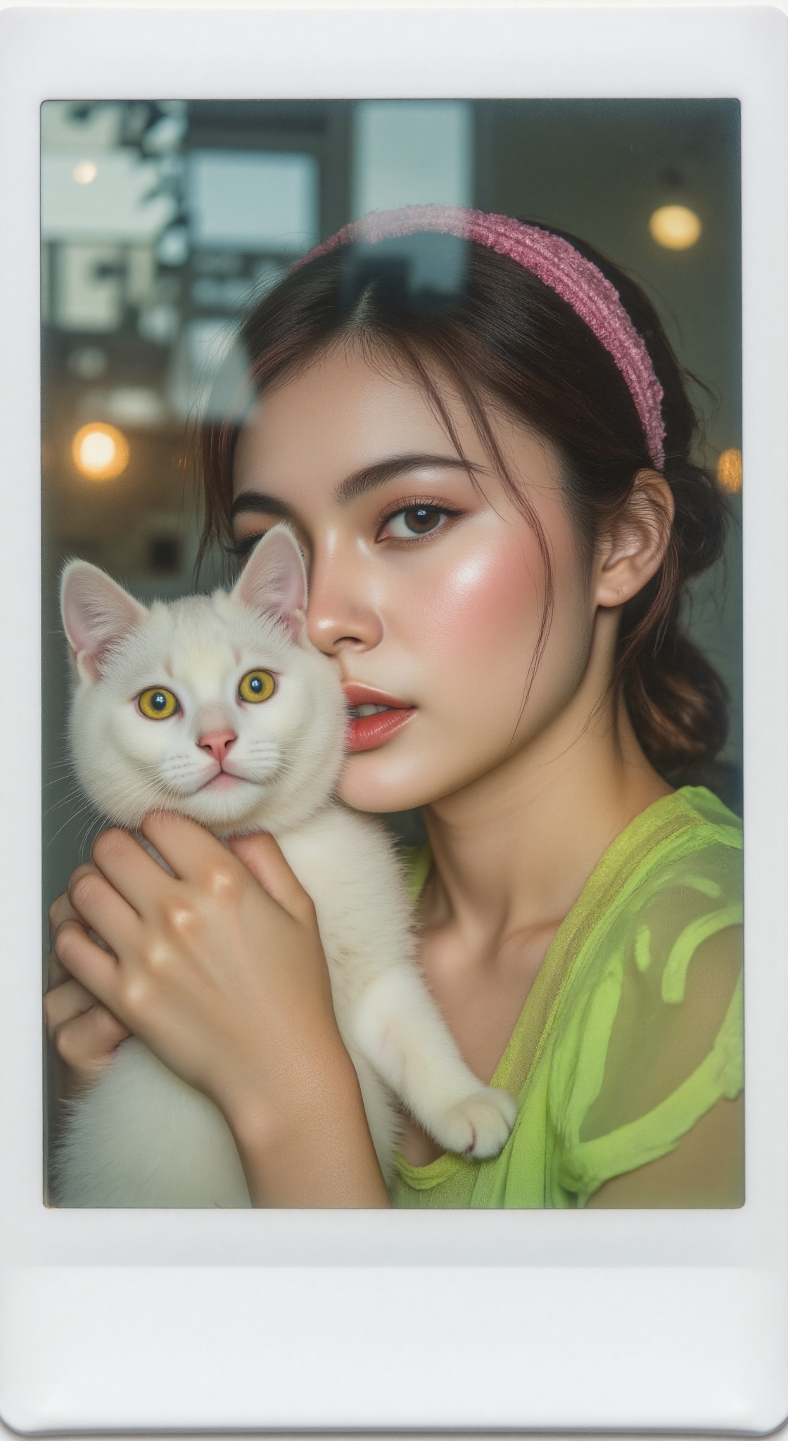 hyper-intimate cinematic Polaroid-style portrait,  white Polaroid paper frame with thick bottom border,  side view close-u...