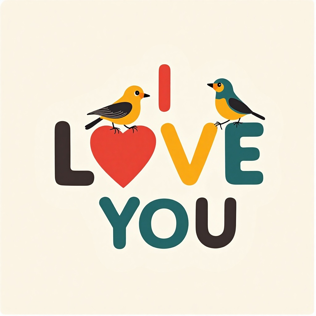 a text "I LOVE YOU" written in colorful features,  a little birds sitting on written text on Tensor.Art