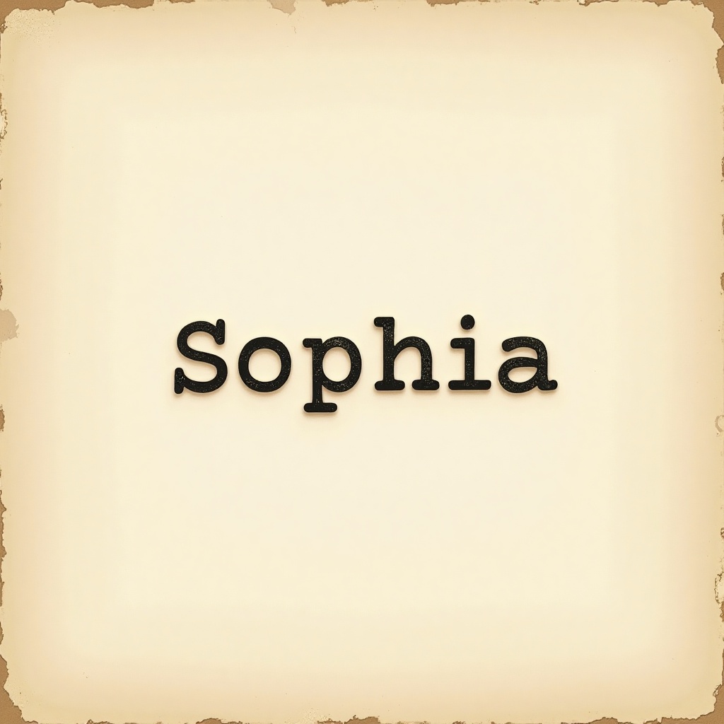 Generate an image of the name 'Sophia' as if it were typed on an old vintage typewriter. The background should be a worn,...