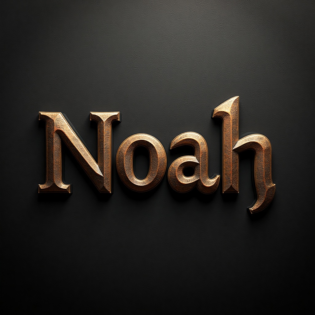Generate an image of the name 'Noah' in a metallic engraving style. The background should be a dark,  textured metal surfa...