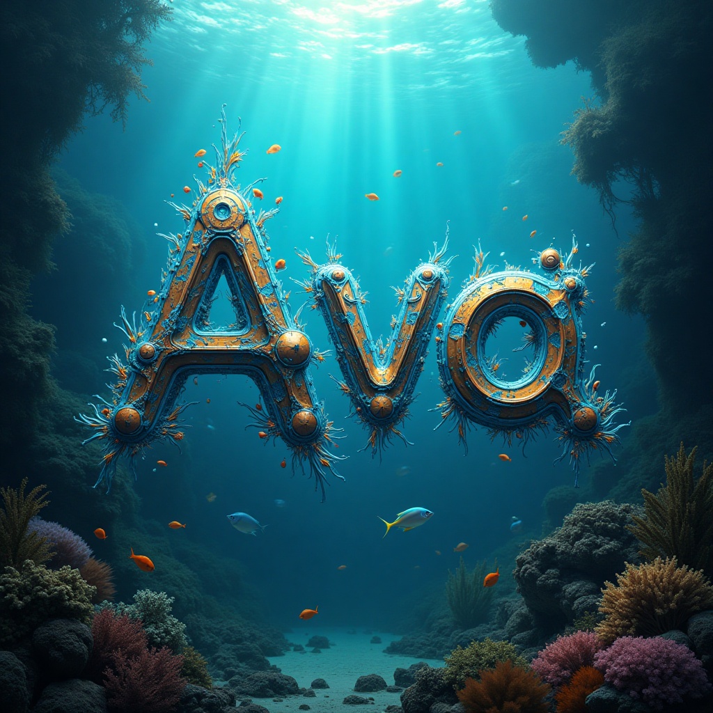 Design an image of the name 'Ava' in an aquatic biomechanical setting. The background should be an underwater scene with c...