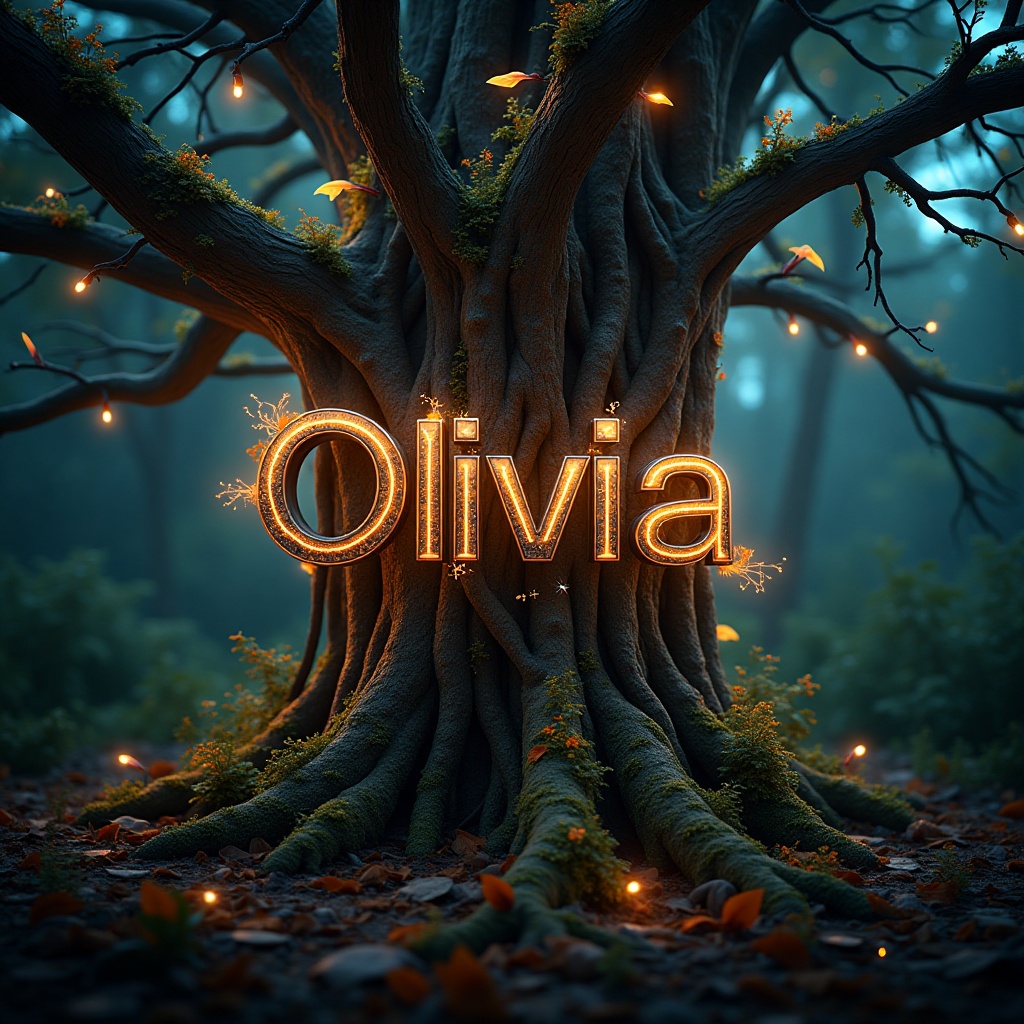 Generate an image of the name 'TYPOGRAPHY EFFECTS' in a cybernetic tree setting. The background should be a large,  ancien...