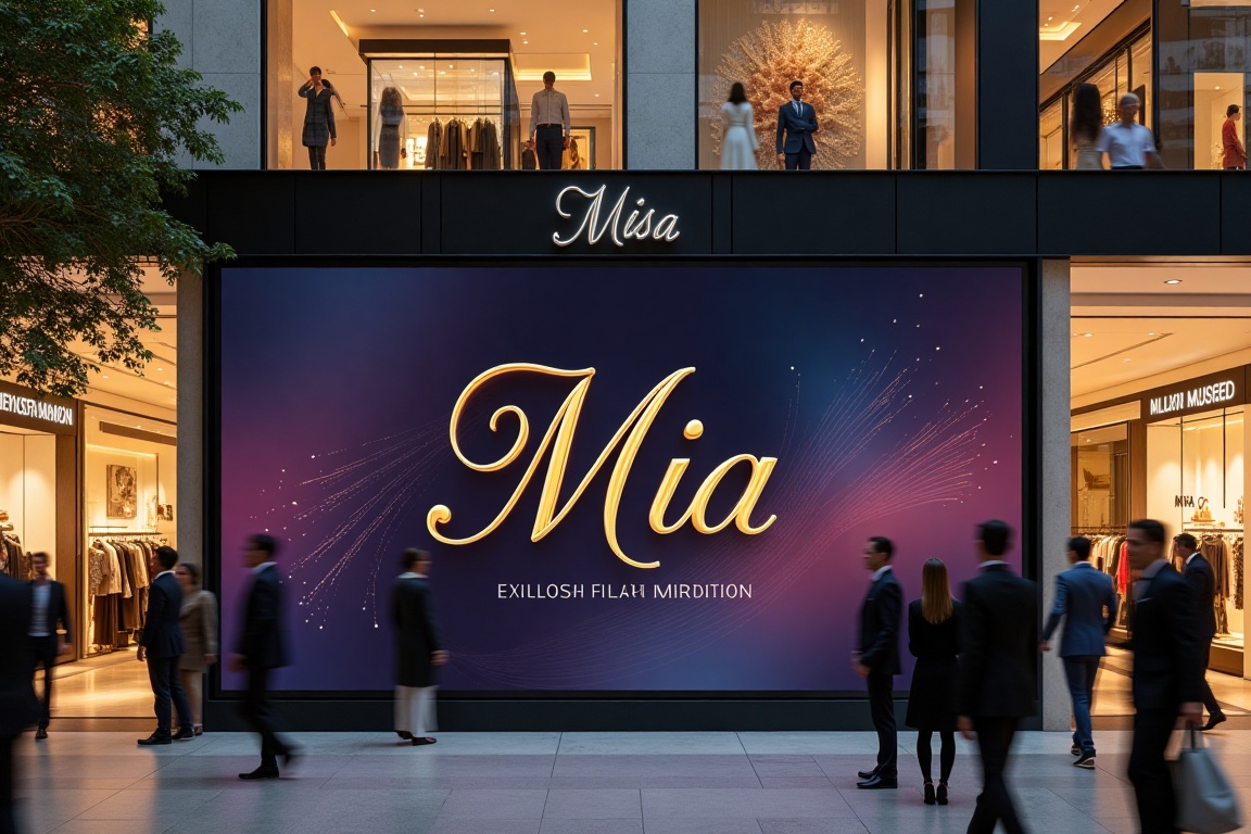 Generate an image of the name 'Mia' on a large flex screen in a luxurious retail environment. The background should be a h...