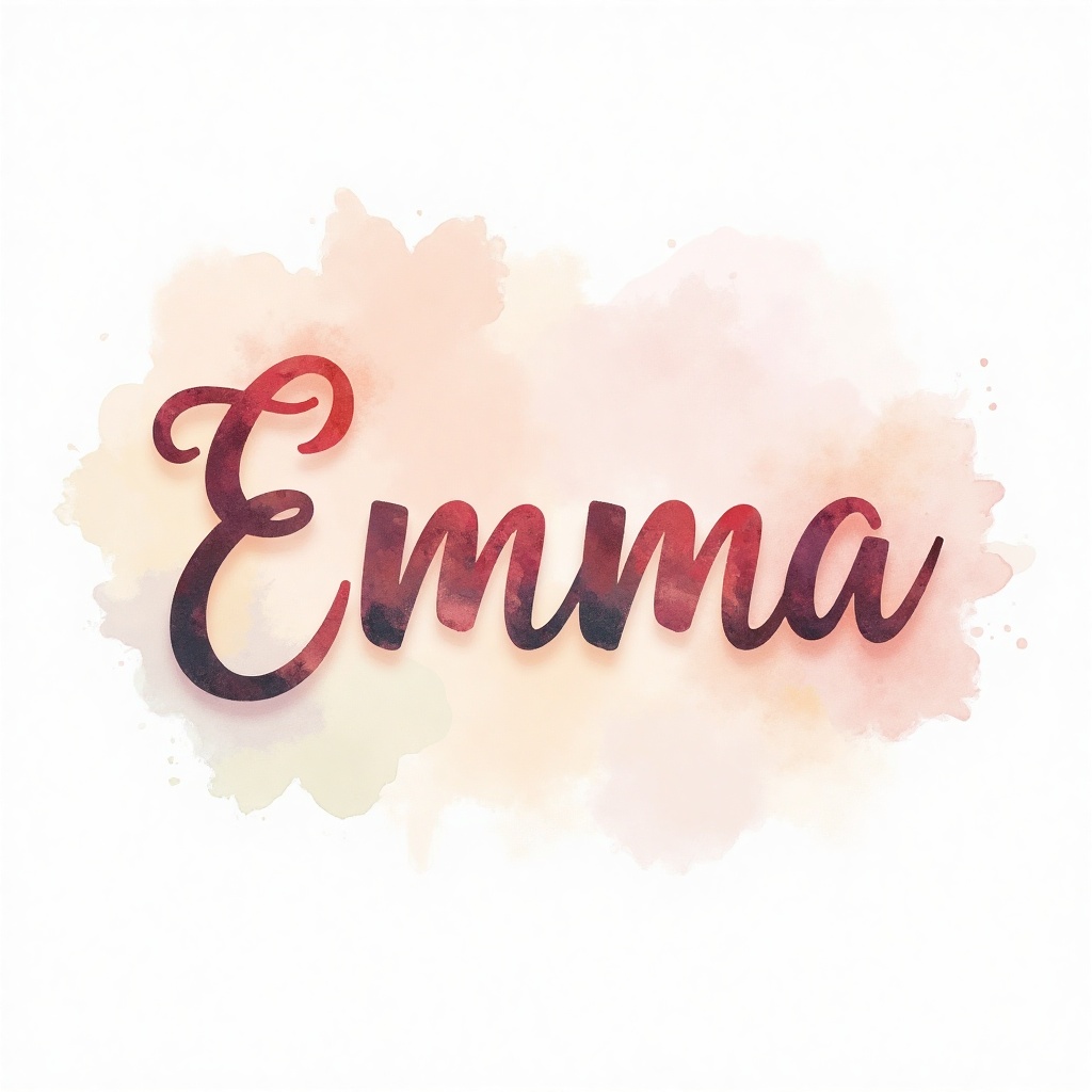 Create an image of the name 'Emma' in a watercolor style. The background should be a soft,  pastel-colored wash with splas...