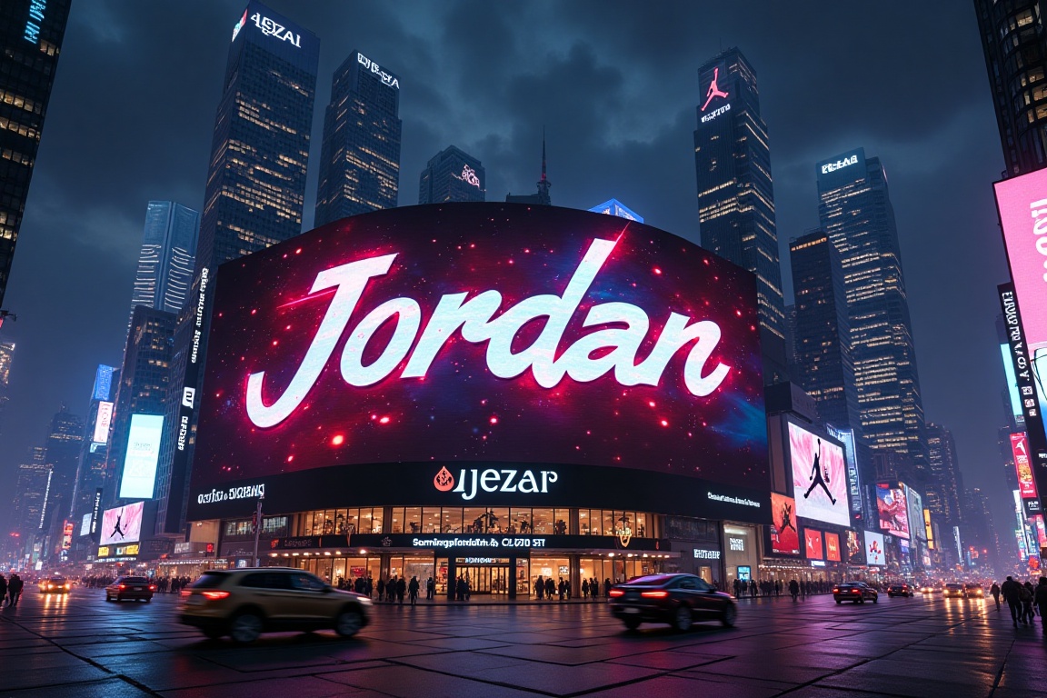 Create an image of the name 'Jordan' displayed on a massive flex screen in the middle of a futuristic urban skyline. The b...