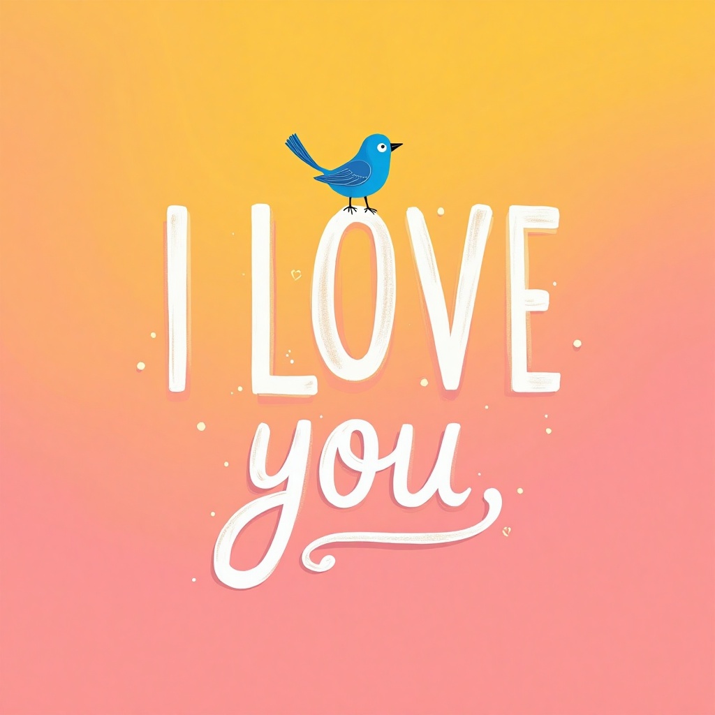 A whimsical illustration of a vibrant pink and yellow background,  with bold white font reading 'I LOVE YOU' in cursive. A...