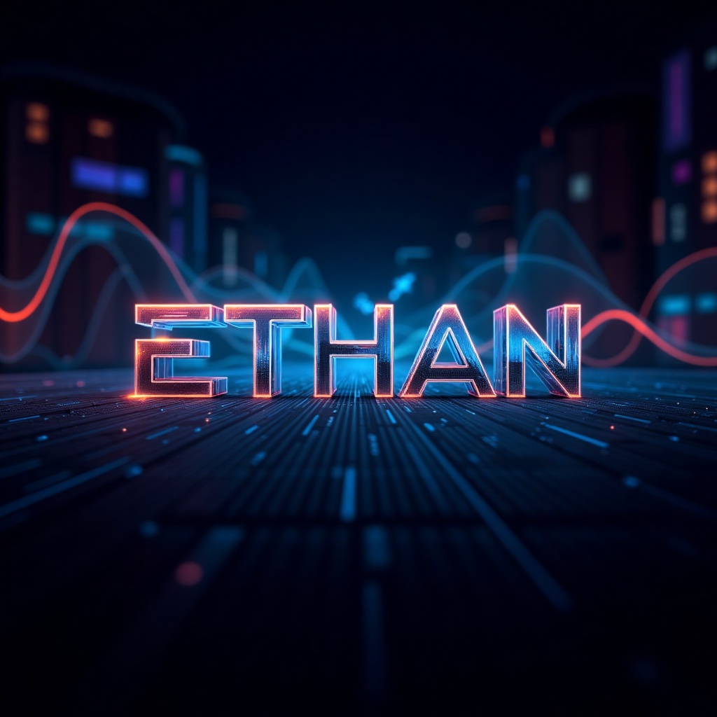Design an image of the name 'Ethan' in a futuristic hologram style. The background should be a high-tech,  digital landsca...