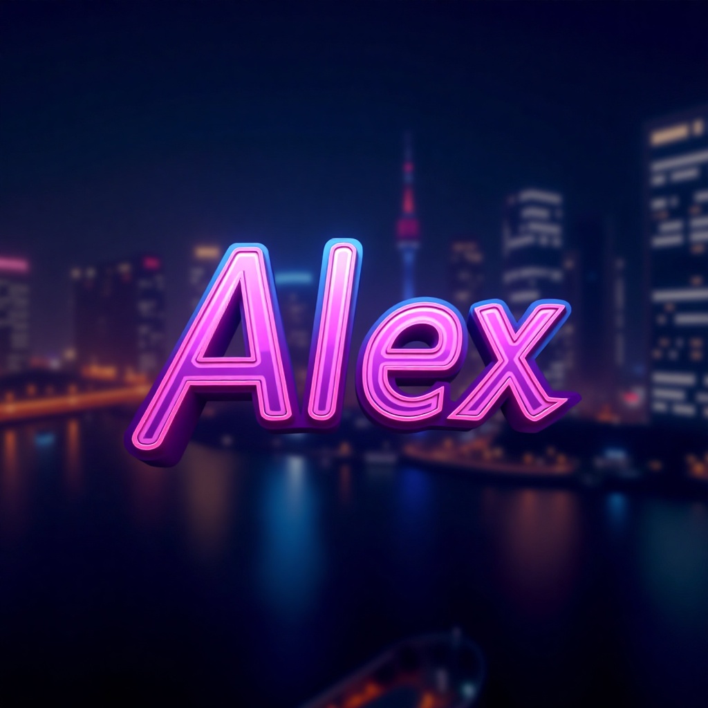 Create an image of the name 'Alex' in a glowing neon sign style. The background should be a dark cityscape at night,  with...