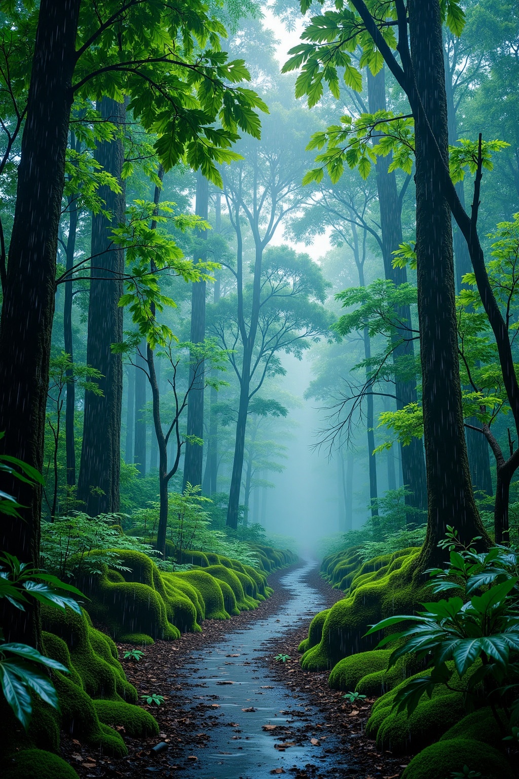 ra1ndrops,  Generate an image of a dense forest during a gentle rain. The trees are tall and lush,  with droplets hanging...